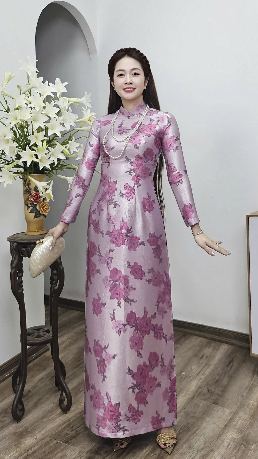 A3196 áo dài cổ 3p tay dài truyền thống lụa dubai màu hồng ánh bạc_thumbnail_2