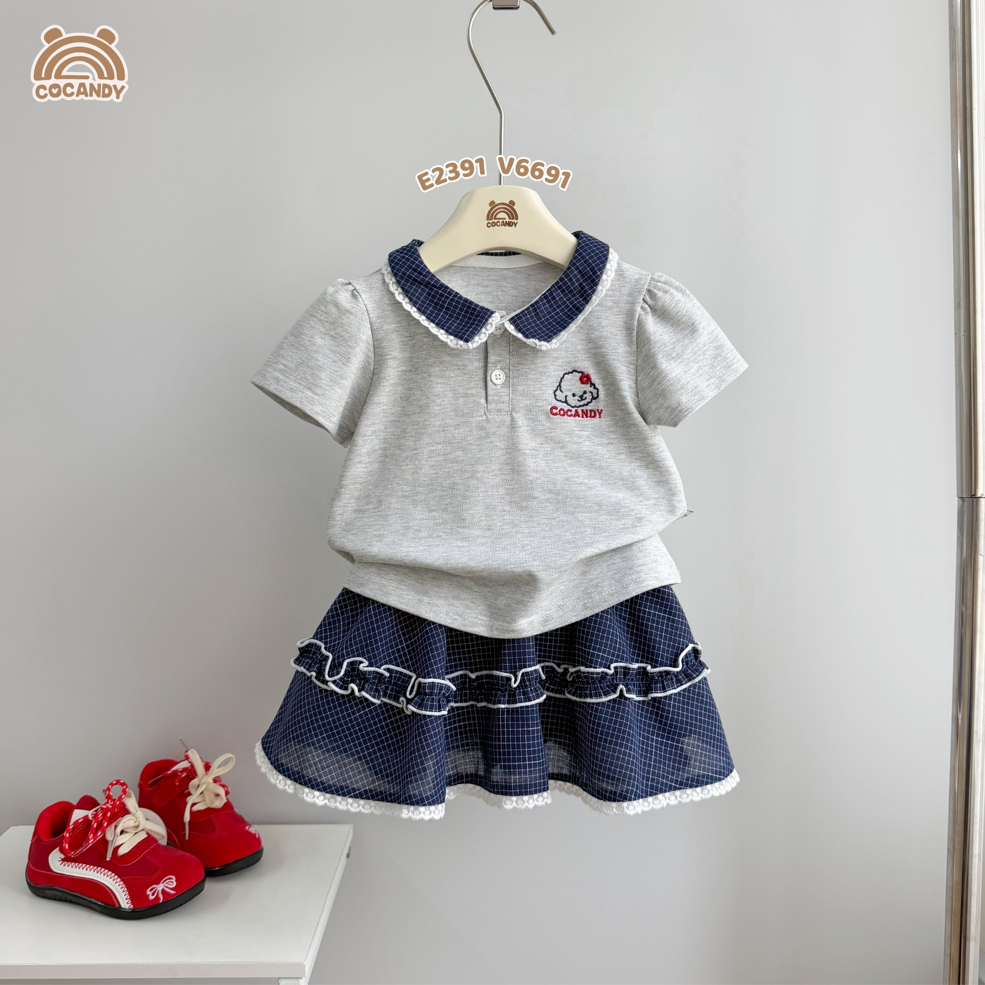 Áo cộc polo XÁM phối cổ caro xanh than