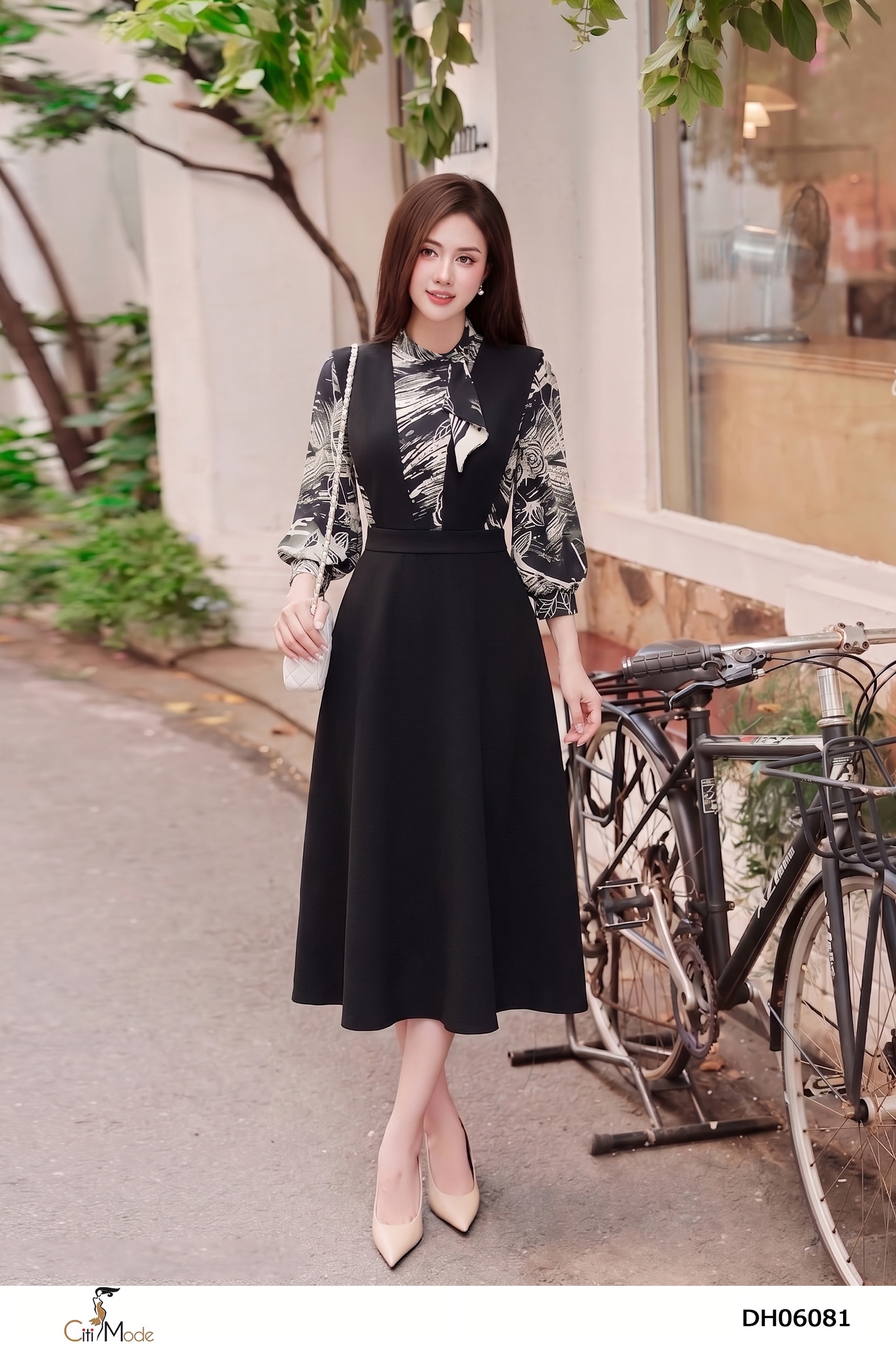 Đầm xòe đen phối họa tiết cổ nơ, tay lỡ_thumbnail_4