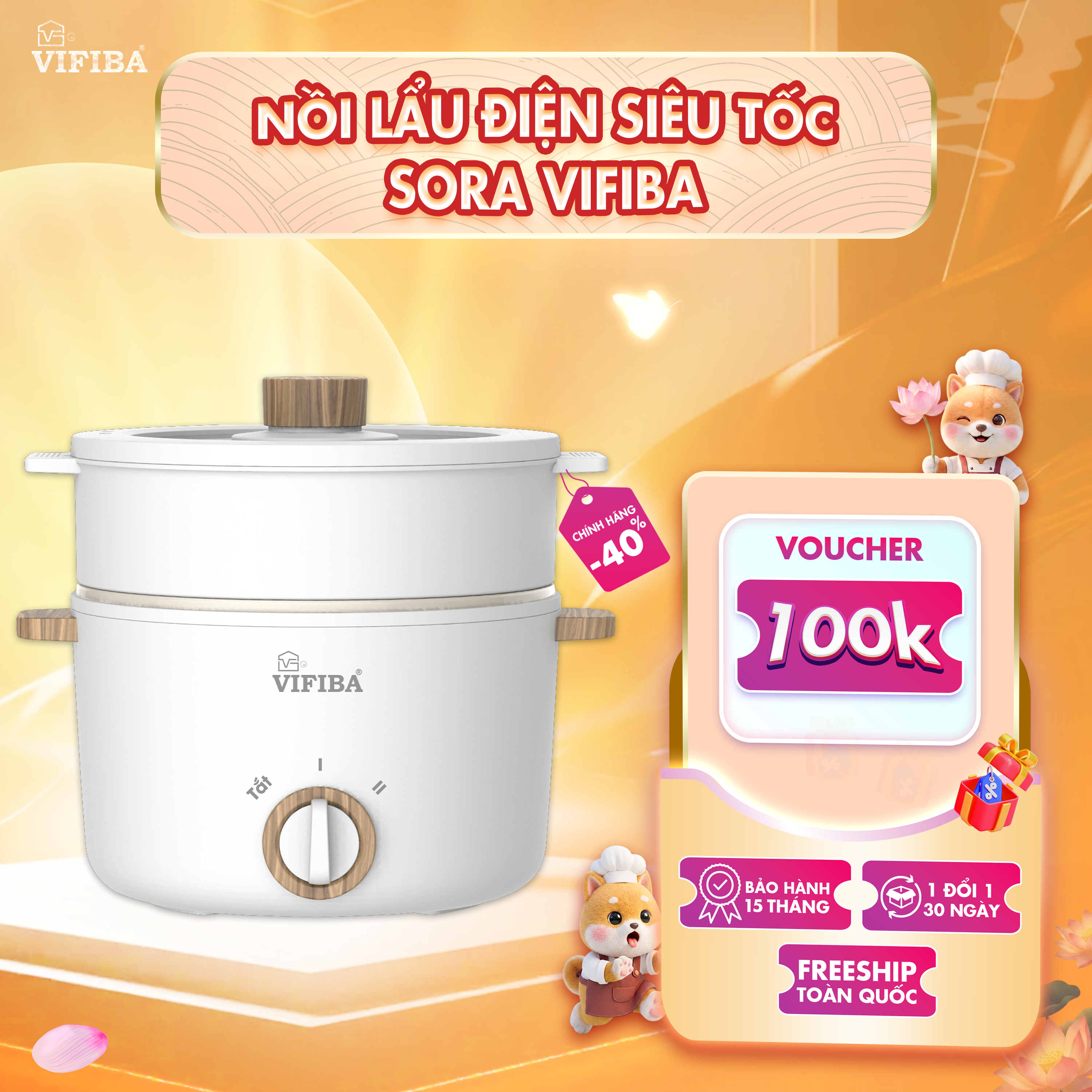 Nồi Lẩu Điện Sora Vifiba - Kèm khay hấp