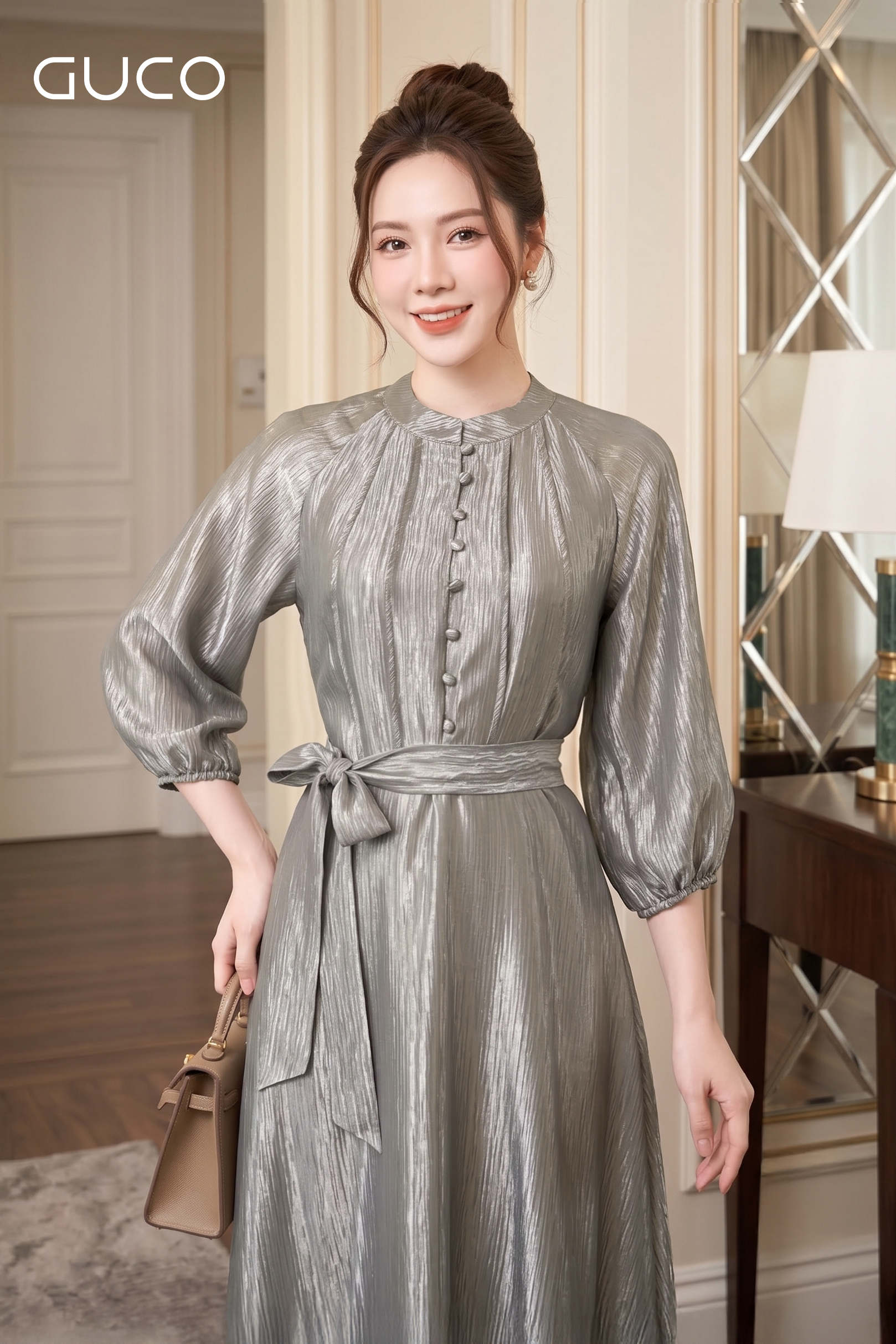 Đầm Xòe Xám Bạc  Đính Nút Tay Lỡ Thắt Nơ Eo - 5247_thumbnail_1