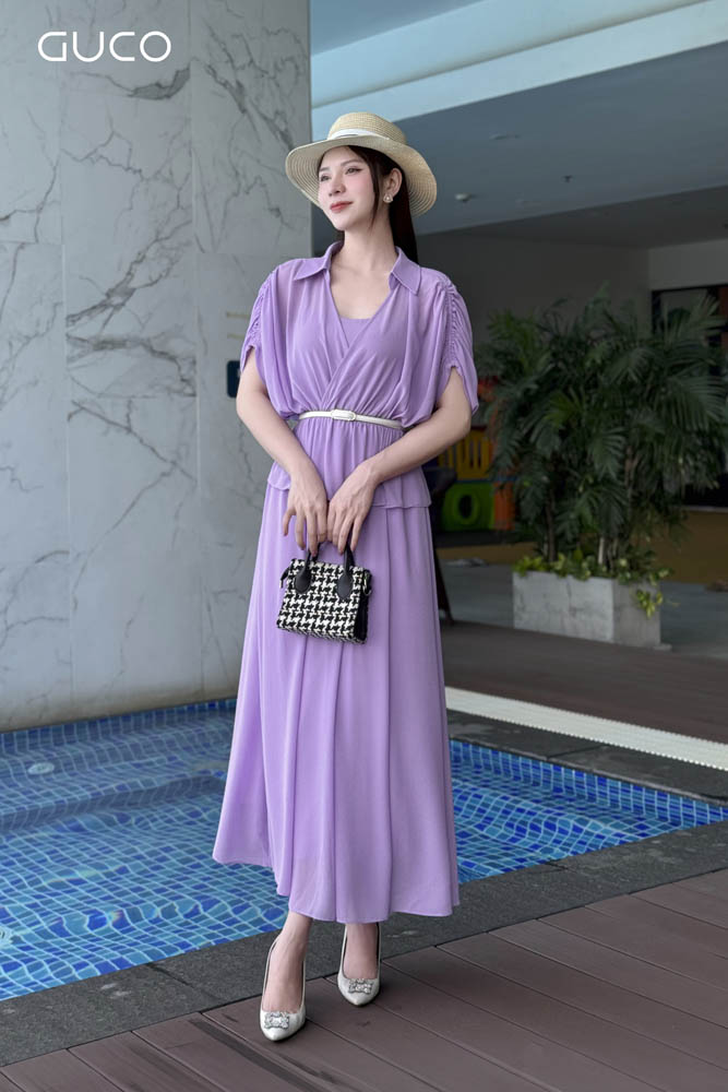 ĐẦM MAXI CỔ SƠ MI CHUN EO - TÍM
