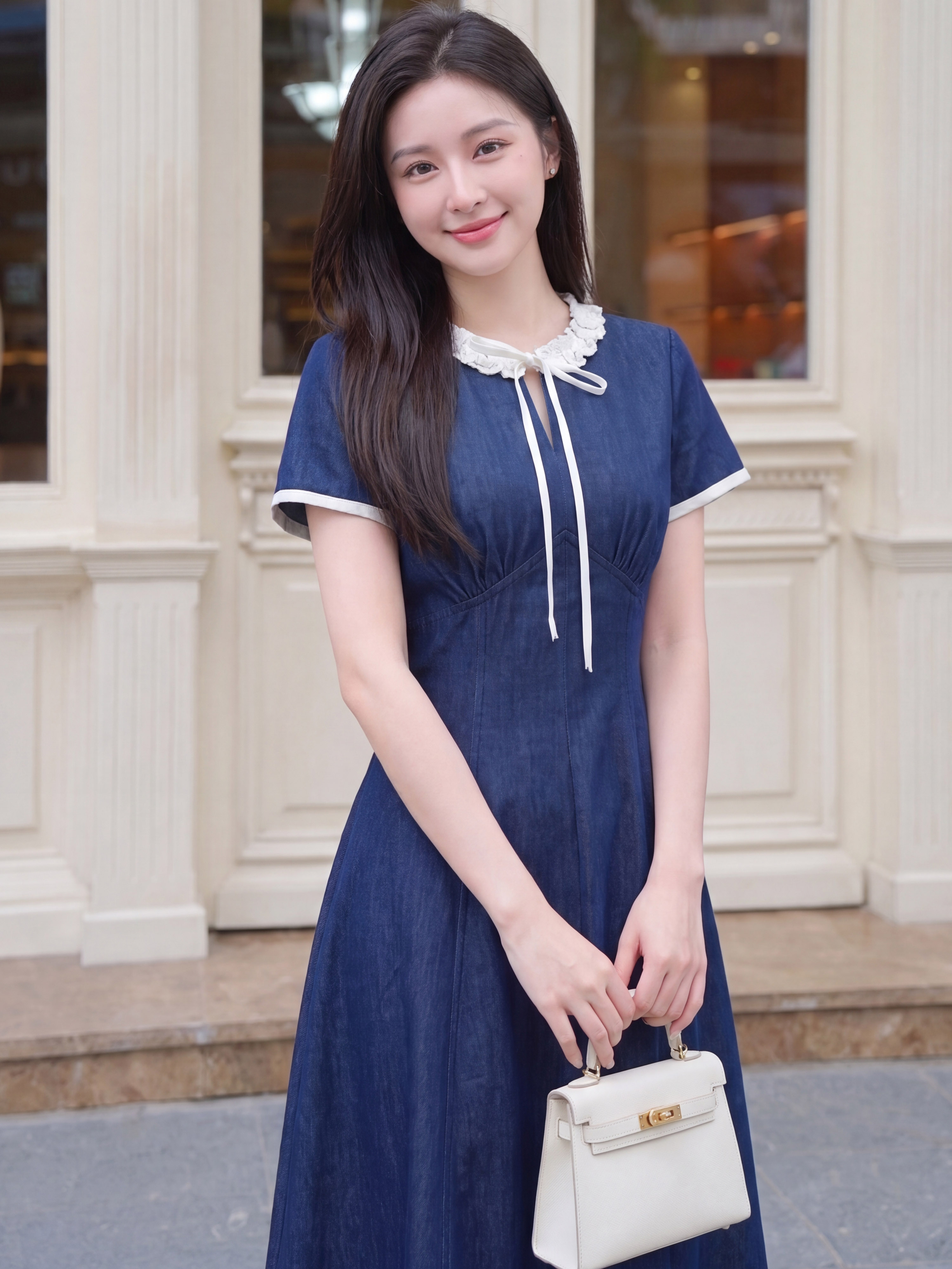 Váy denim cộc tay phối cổ 607008