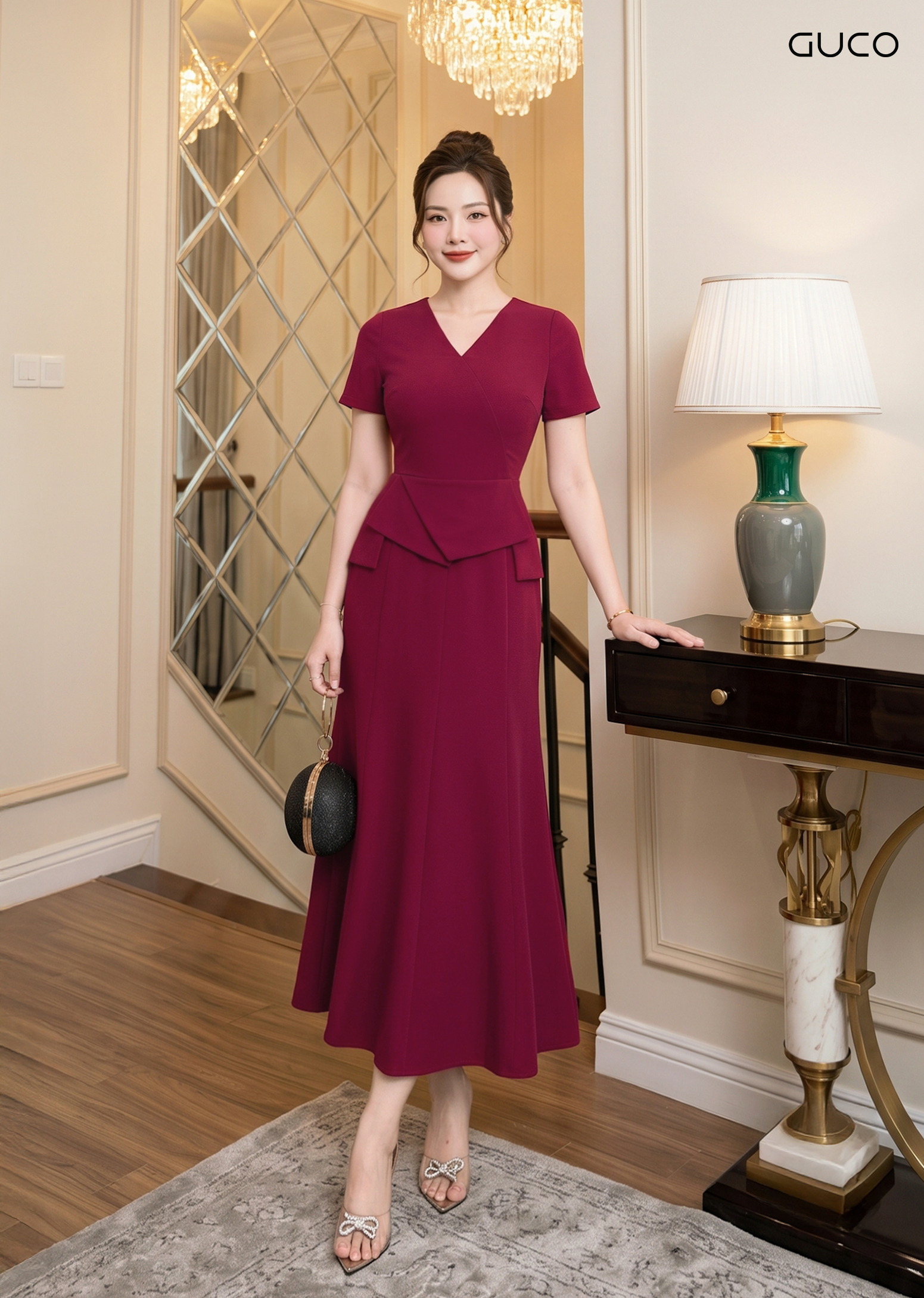 Đầm Dự Tiệc Đỏ Burgundy Cổ V Xếp Vạt Eo