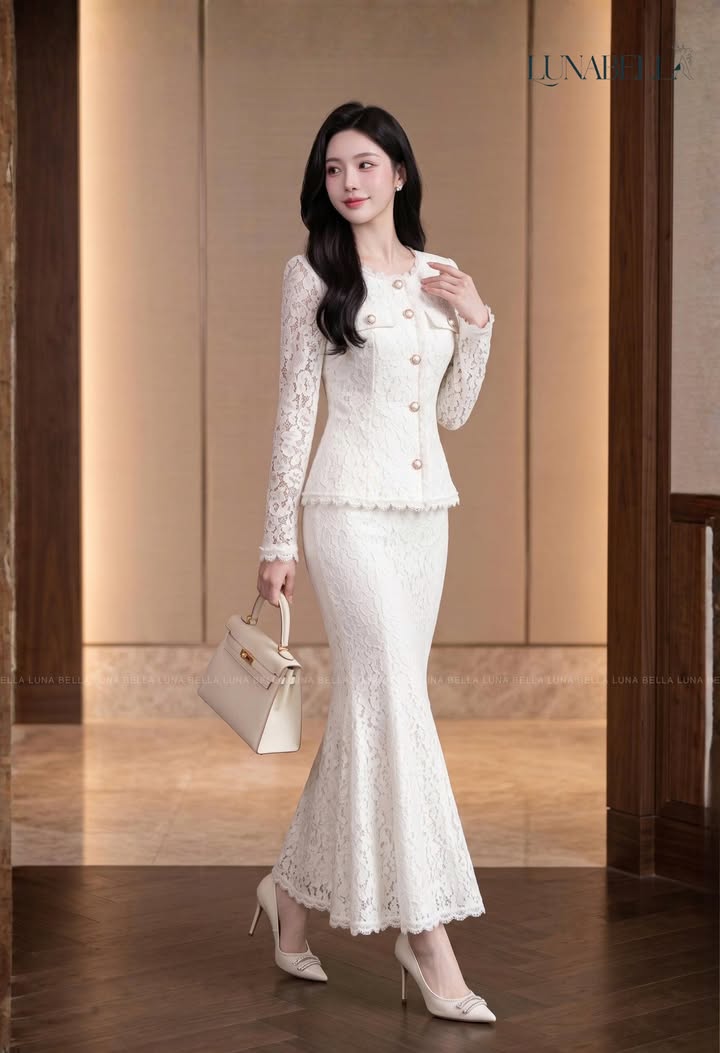 Chân đầm ren dài đuôi cá ELSIRA màu TRẮNG