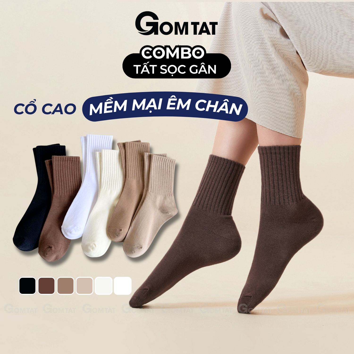 Combo tất cổ cao trơn sọc gân GOMTAT, vớ nữ cao cổ chất vải dày dặn êm ái, khử khuẩn thoáng khí - OAS-1701