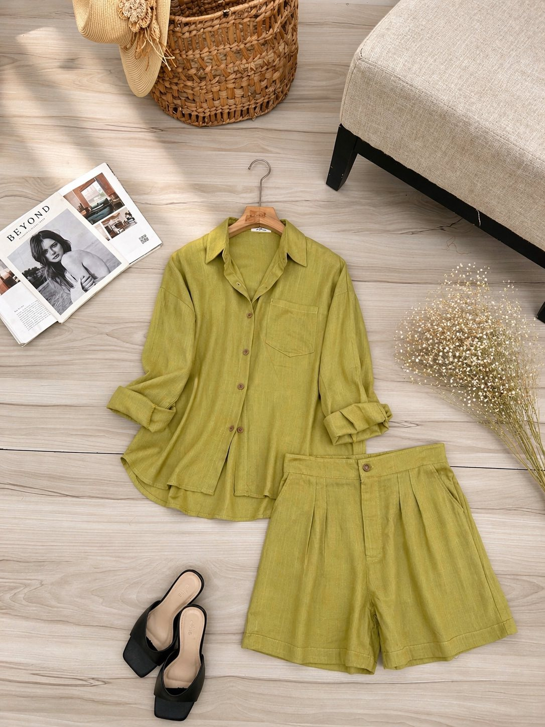 Set đùi linen áo sơ mi tay dài