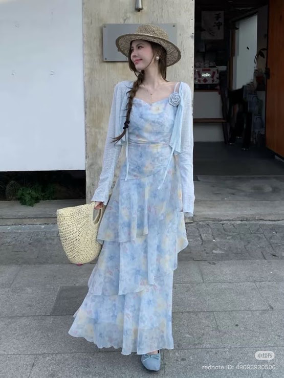 Lucas - Set váy hoa 2 dây gấu xòe 3 tầng + áo cardigan buộc nơ