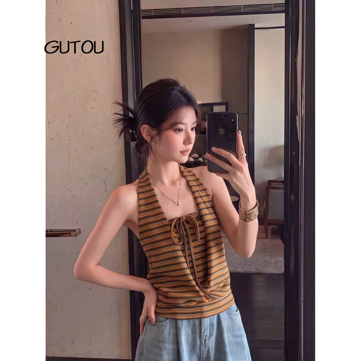 [ GUTOU ] Áo Sát Nách Cổ Đổ Thân Đắp Chéo Cột Dây Basic Livia_thumbnail_3