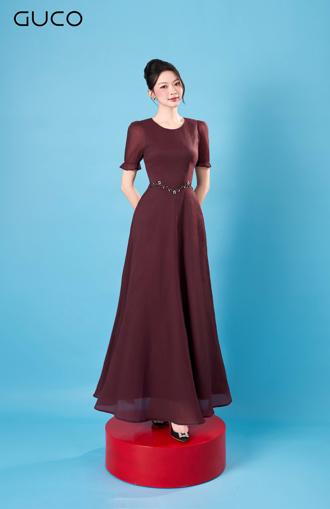 Đầm Dạ Hội Đỏ Ruby Đính Đá Eo