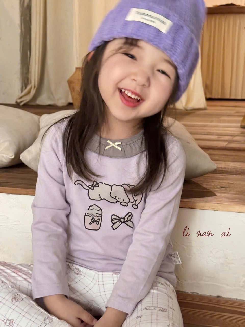 V74 - Bộ ngủ cổ bèo màu tím quần kẻ Linanxi_thumbnail_0