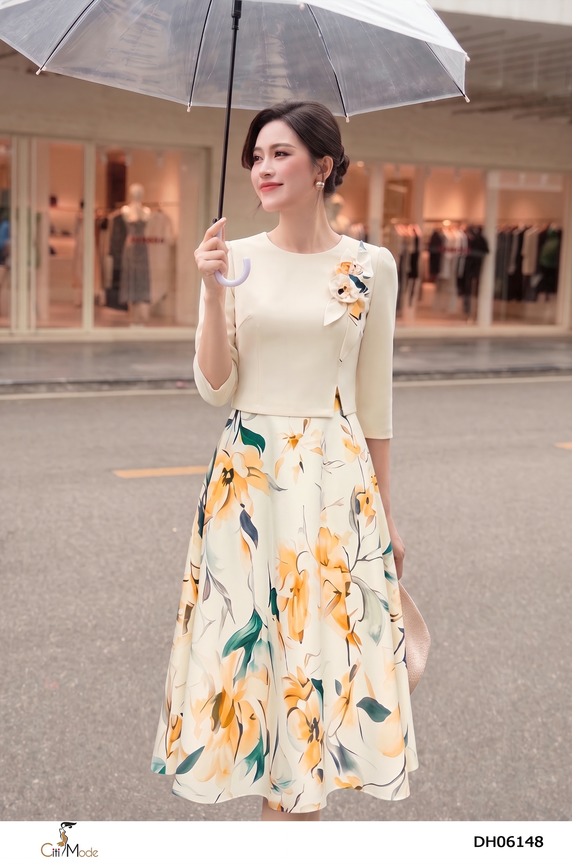 Đầm xòe hoa giả set phối kem tay lỡ cổ tròn đính hoa