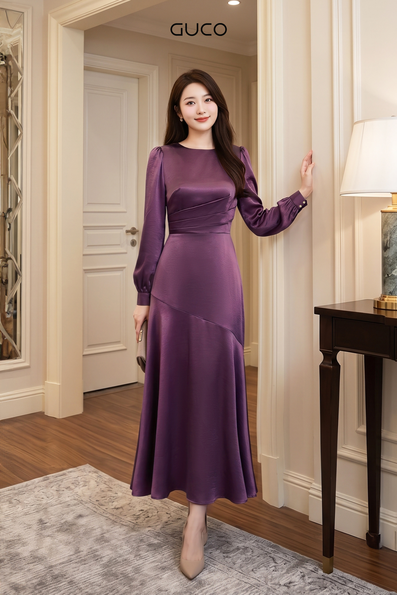 Đầm Dự Tiệc Đuôi Cá Tím Tay Daì Eo Xếp Ly