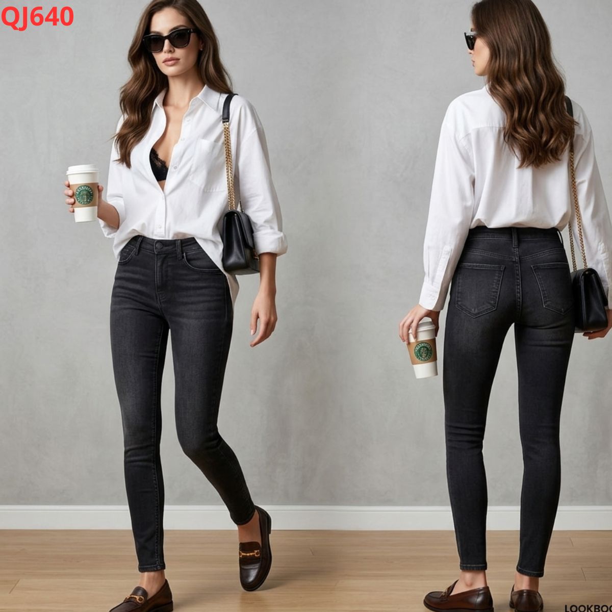 QJ640 Quần jeans ôm - đen