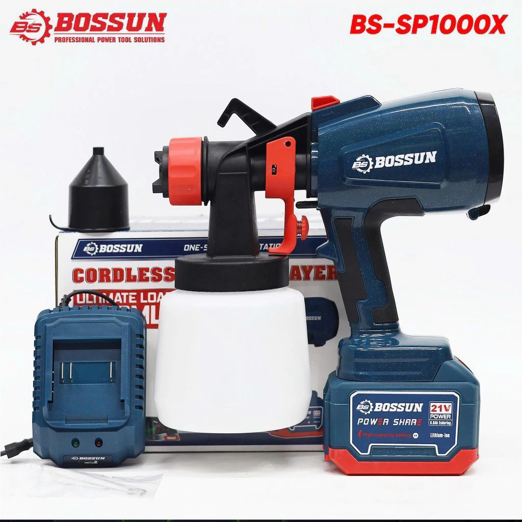 Máy Phun Sơn Pin BOSSUN BS450 450W – Bình Sơn 1000ml, Phun Sơn Cầm Tay Đa Năng