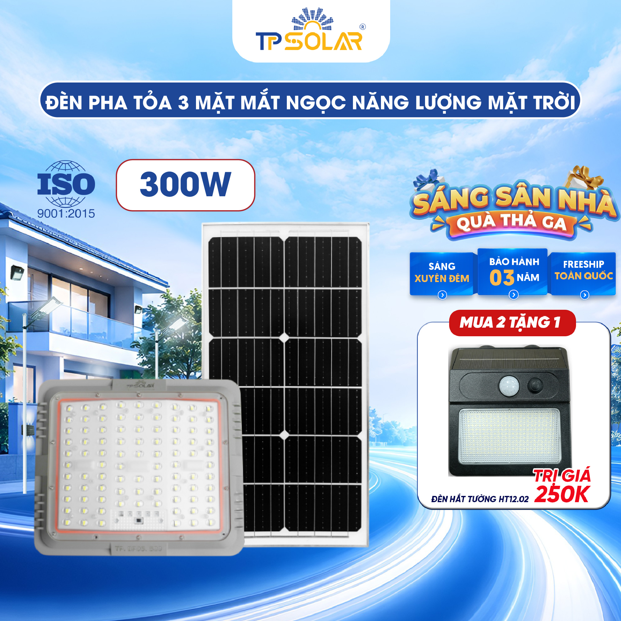 Đèn pha mắt ngọc tỏa 3 mặt năng lượng mặt trời TP SOLAR DP05