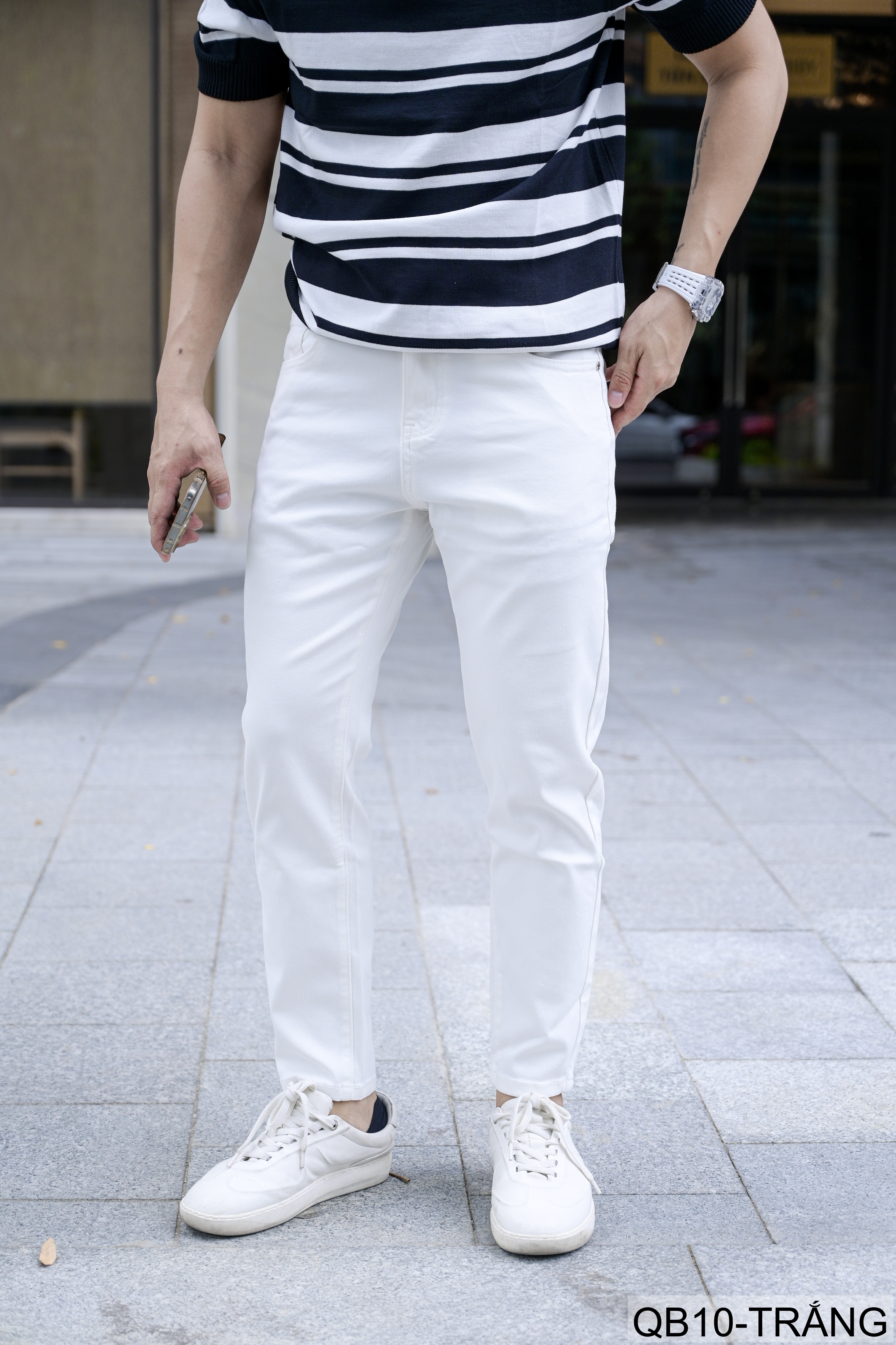 QB10 - Quần jeans nam ống nhỏ co giãn, màu trắng đen, phong cách basic mùa thu_thumbnail_1
