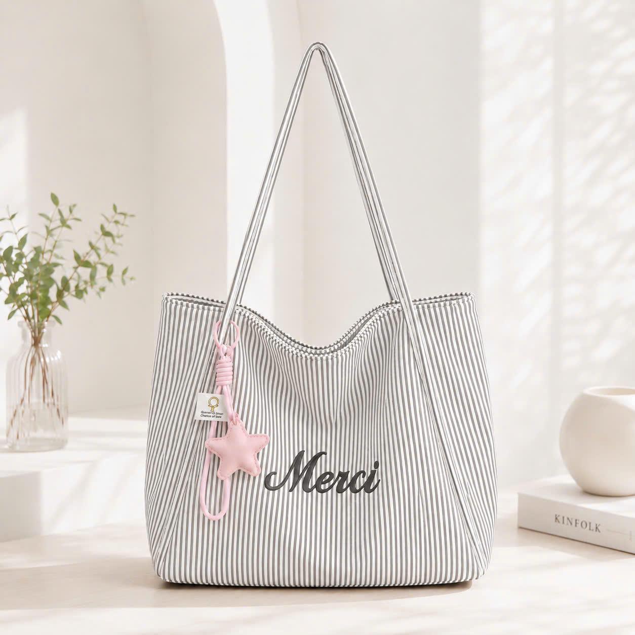 (Tặng Charm Sao) Túi Tote Nữ Vải Nhung Gân Thêu Chữ Merci Dễ Thương Đeo Vai Dáng Rộng CUN425_thumbnail_5