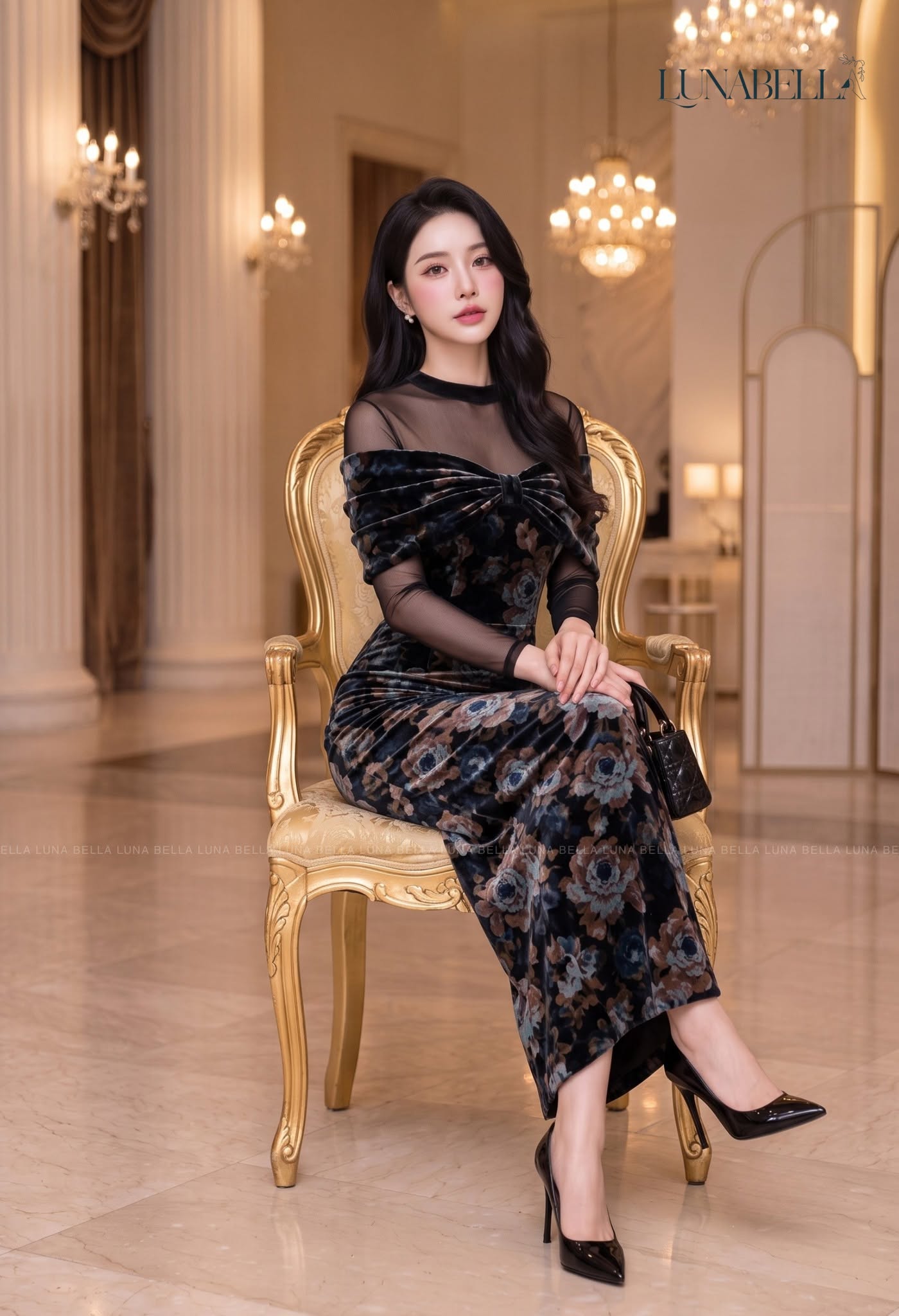 Váy nhung dài hoạ tiết hoa ODELIS màu ĐEN_thumbnail_2