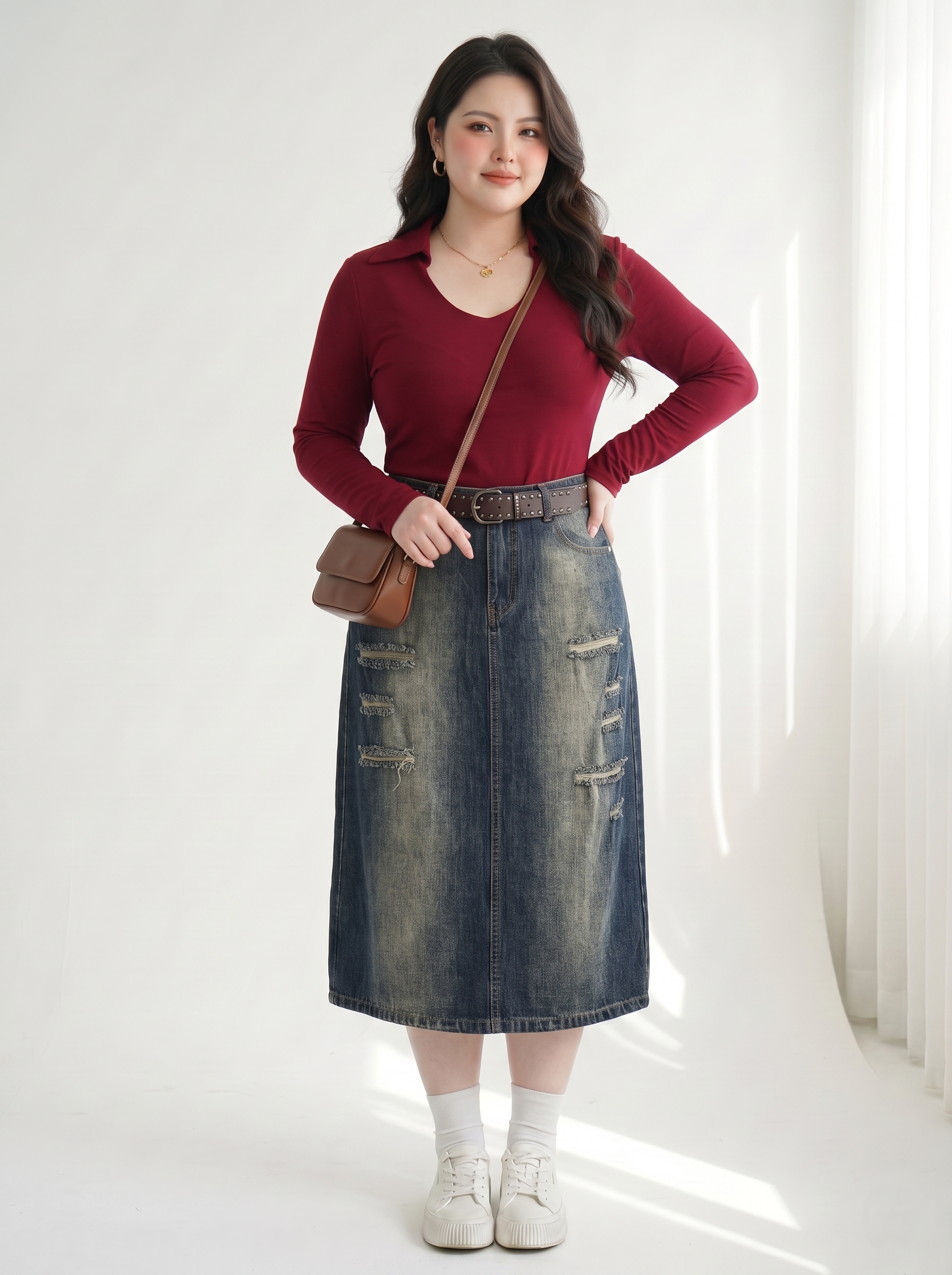 Chân Váy Jean Dài Xẻ Tà Sau Bigsize Phối Rách Cách Điệu - Xanh Nhạt/Xanh Đậm - Vừa 55-90kg - JV435