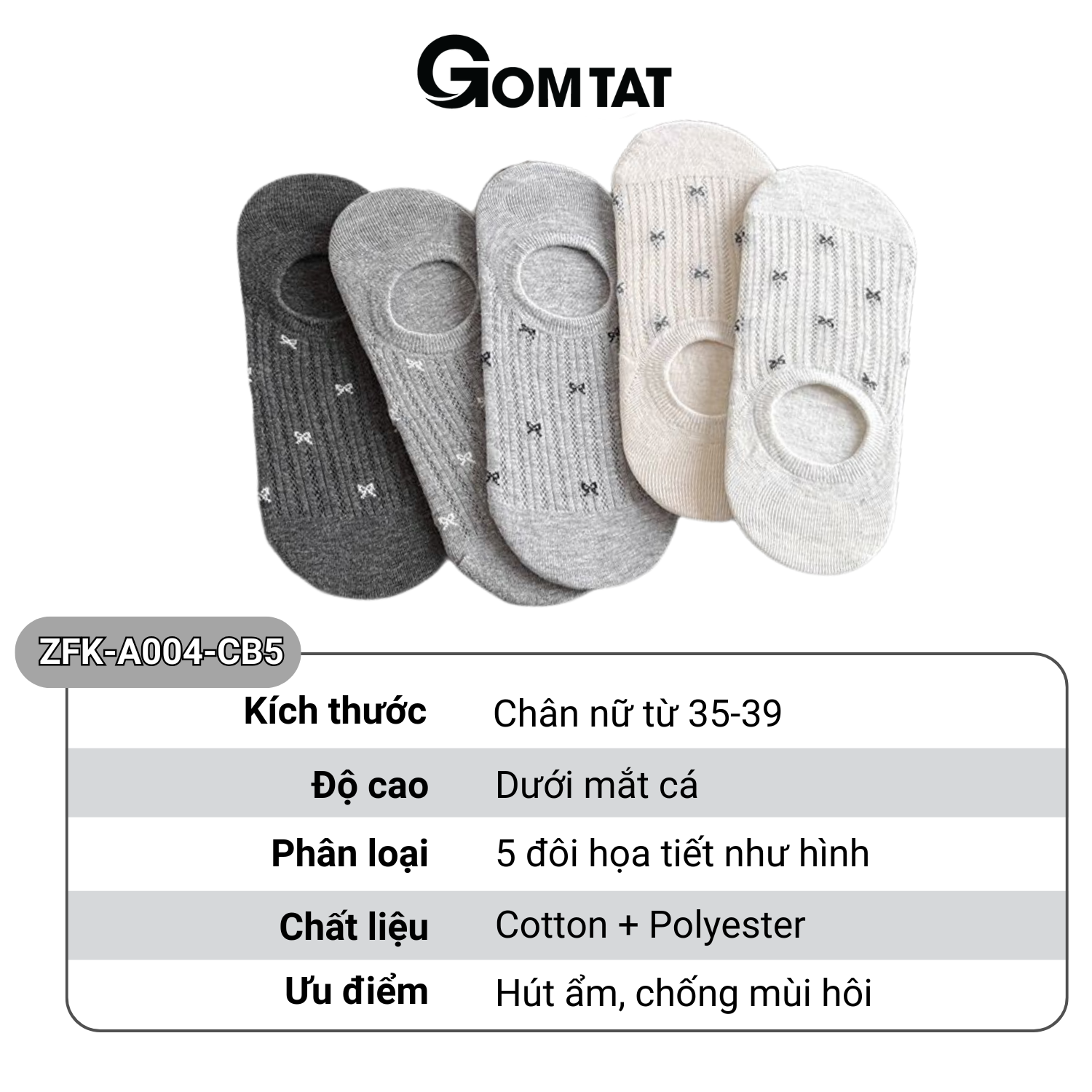 Set 5 đôi tất nữ cổ thấp họa tiết nơ GOMTAT, vớ nữ nơ cute phối lưới thoáng khí, thấm hút mồ hôi - ZFK-A004-CB5_thumbnail_8