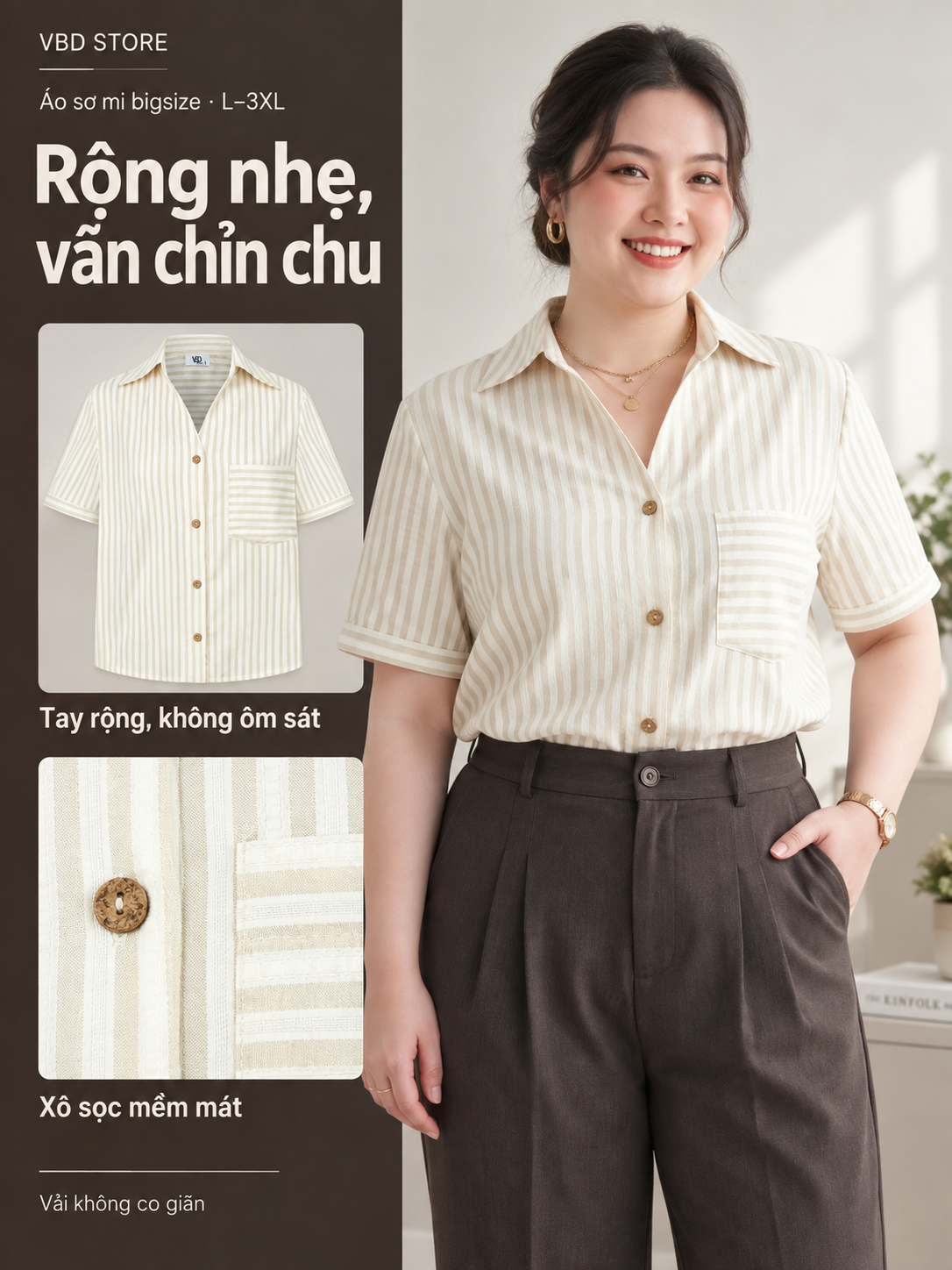 Giới thiệu áo sơ mi bigsize V-AK126 form rộng nhẹ, tay ngắn và chất xô sọc không co giãn