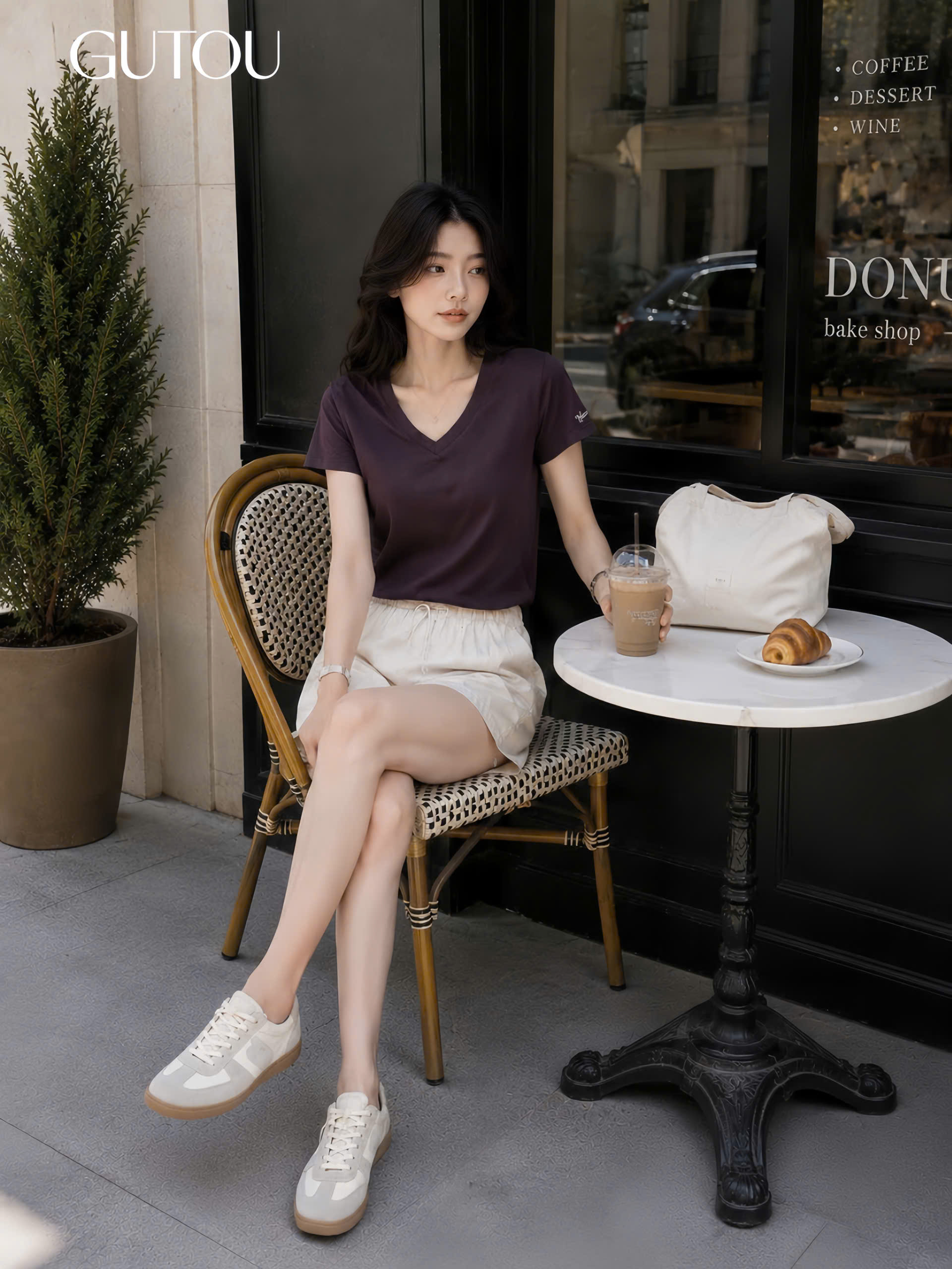 [ GUTOU ] Áo Thun Tay Ngắn Cổ V Tay Thêu Chữ Basic_thumbnail_7