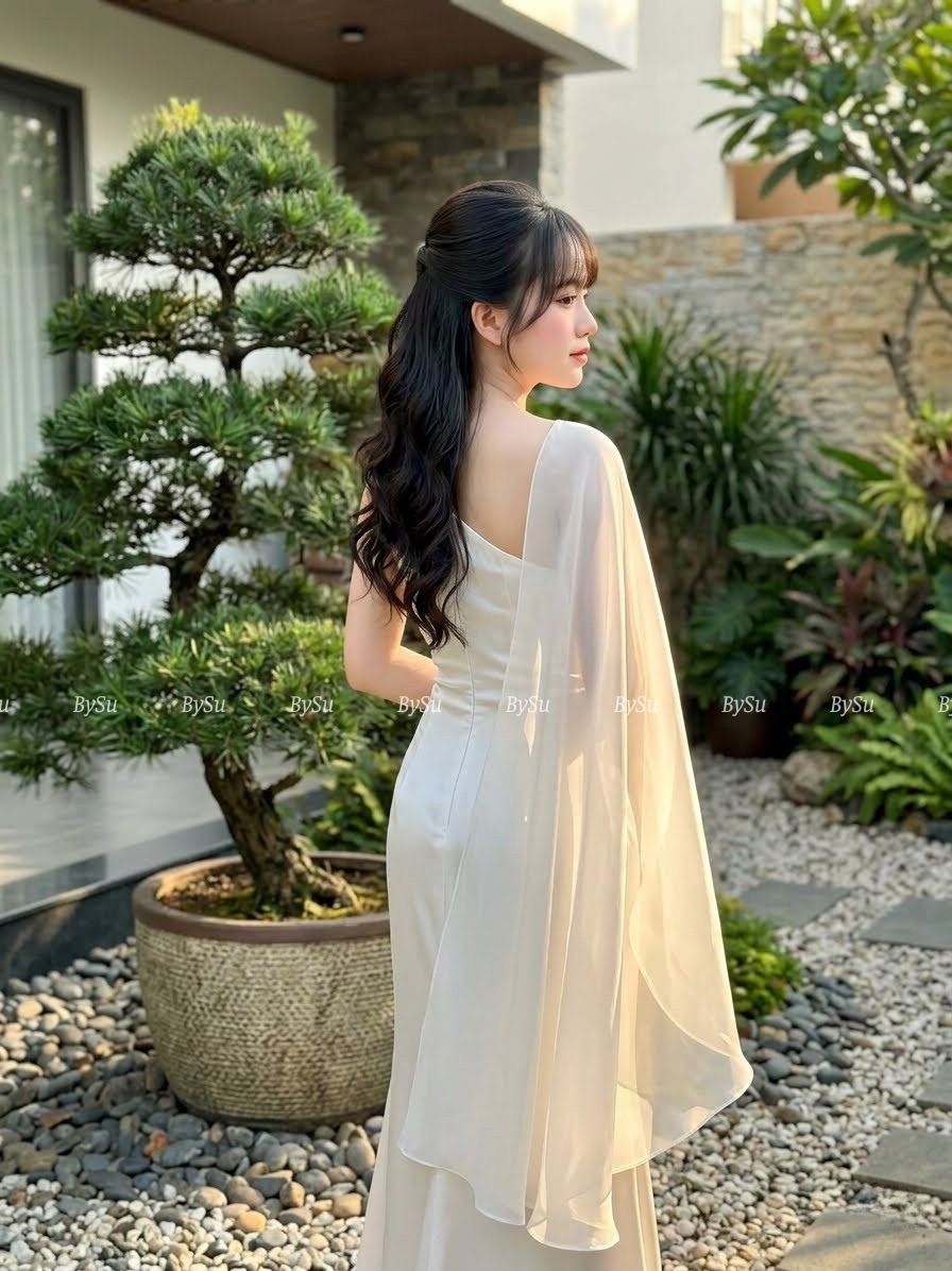 M29 - Đầm Lụa Lệch Vai Phối Voan_thumbnail_2