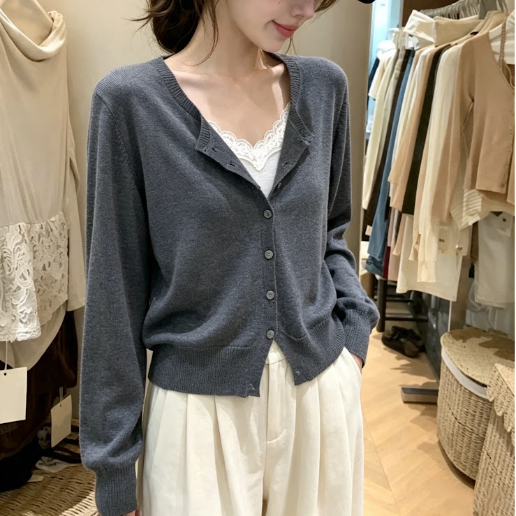 Lucas - Áo len cardigan cài cúc phối viền ren trắng_thumbnail_4