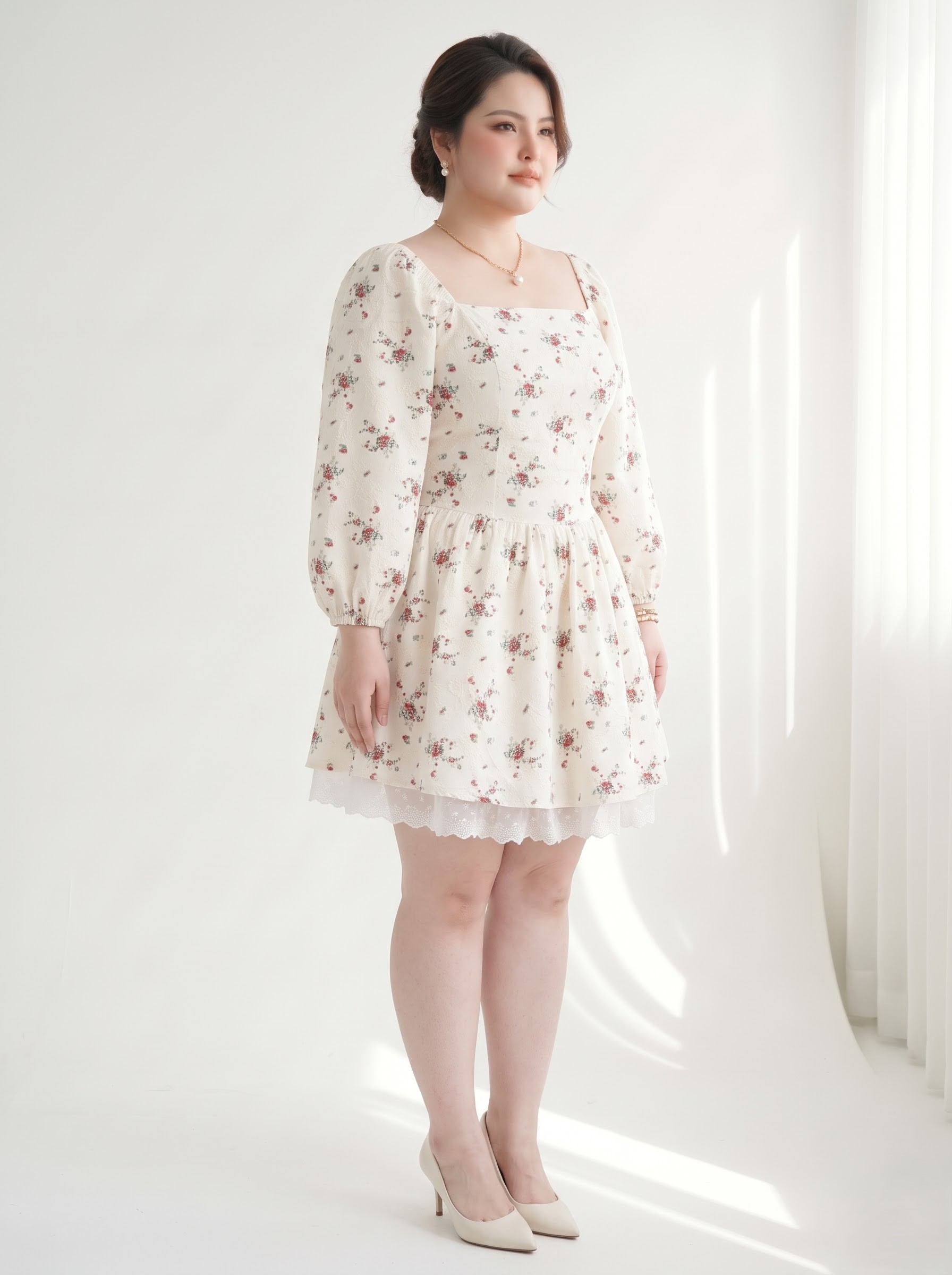 Đầm Hoa Nhí Phối Ren Bigsize Tôn Eo Che Bắp Tay - Trắng - Vừa 55-90kg - V-DA221_thumbnail_2