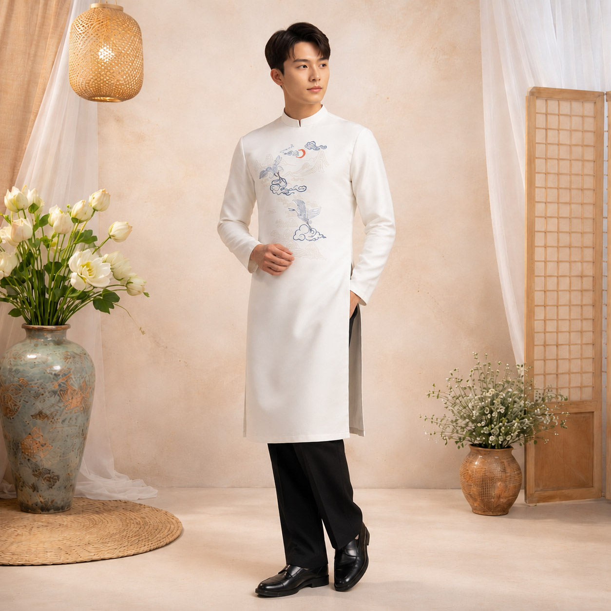 Áo Dài Nam Cách Tân Taffeta Thêu Hạc Vân Sơn Thủy NA26-22_thumbnail_3