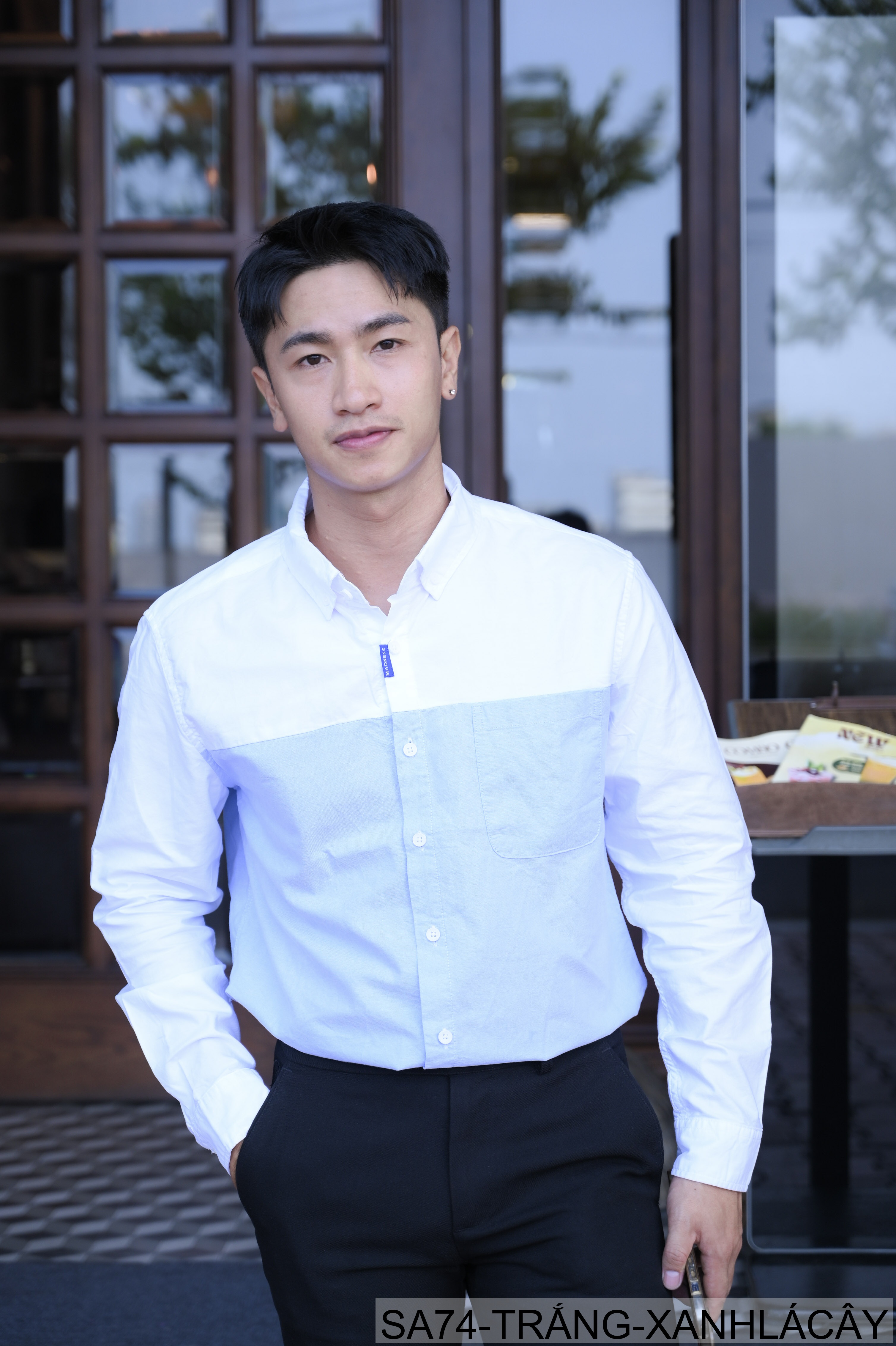 SA74 - Áo sơ mi nam dài tay Oxford kiểu Nhật, form rộng, chất cotton 100%, phối màu trắng xanh lá/xám