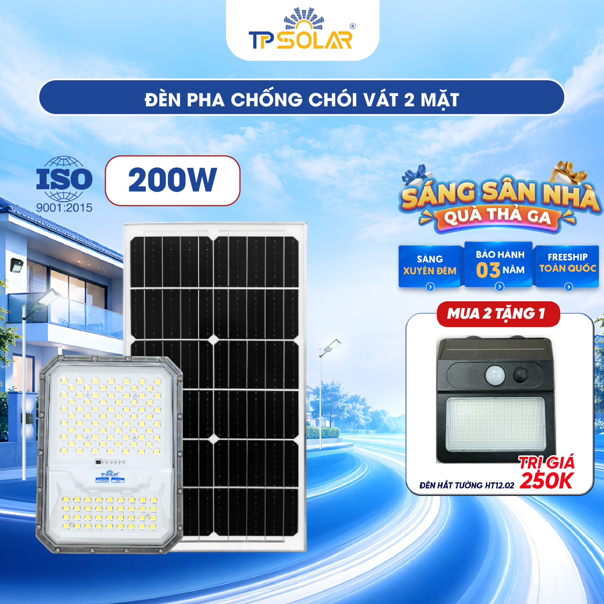 Đèn pha chống chói vát 2 mặt năng lượng mặt trời TP.DP12