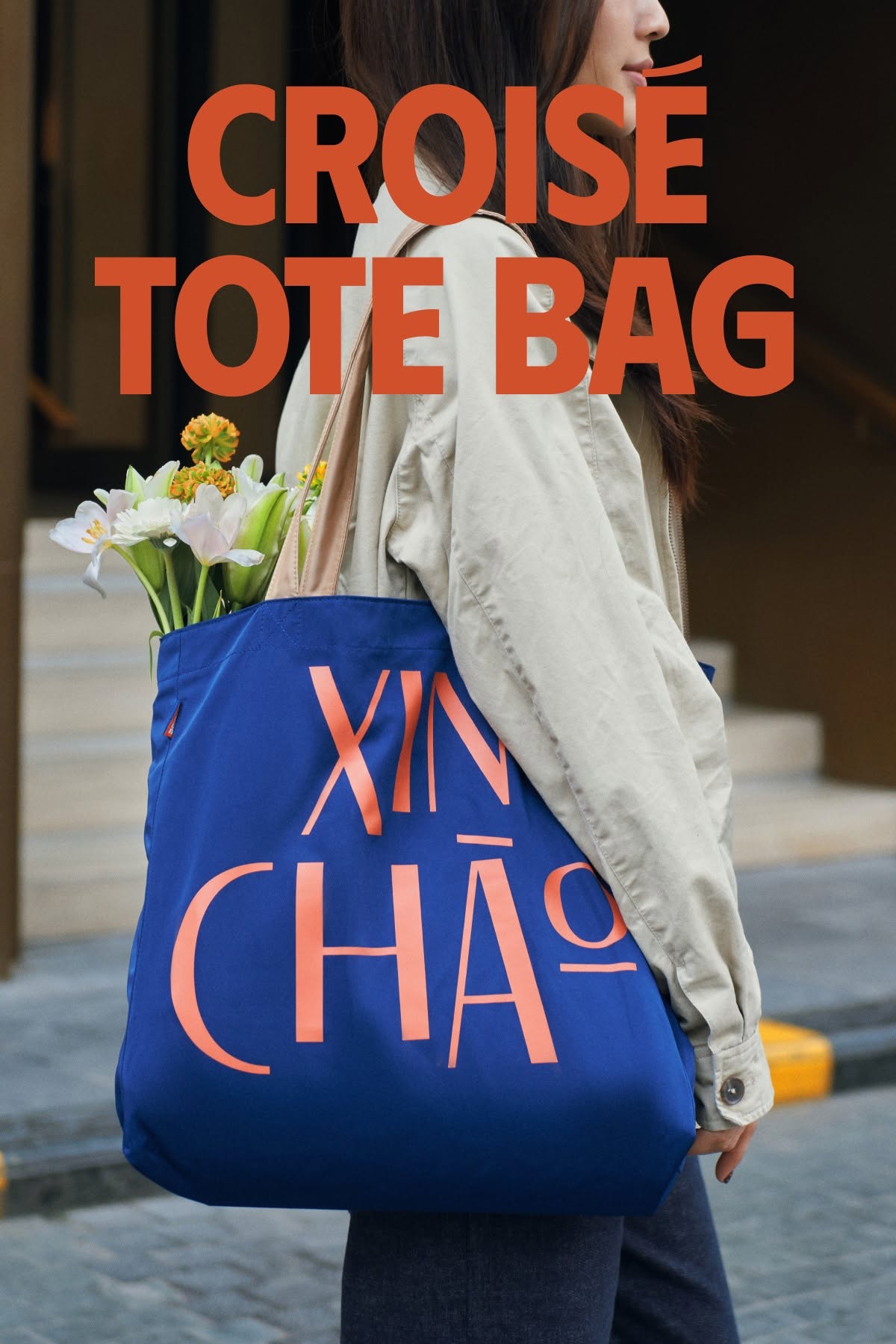 Túi tote CROISÉ vải dù in chữ Xin Chào – 3 màu thời trang: navy, beige, vàng – gấp gọn, nhẹ, tiện dụng, cá tính