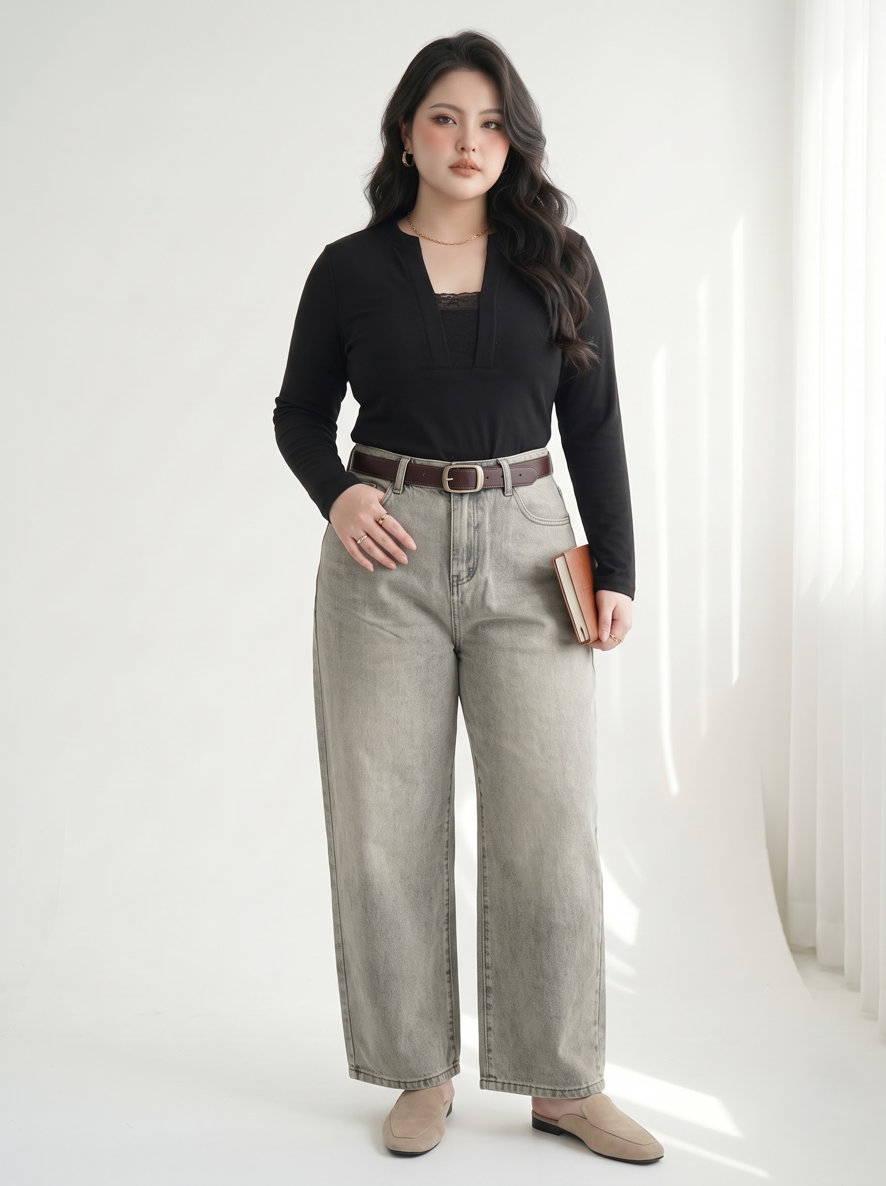 Quần Jean Suông Nấm Bigsize Nữ Lưng Cao Dài 97cm - Rêu, Nhạt Bụi - Vừa 55–90kg - T-QJ5057