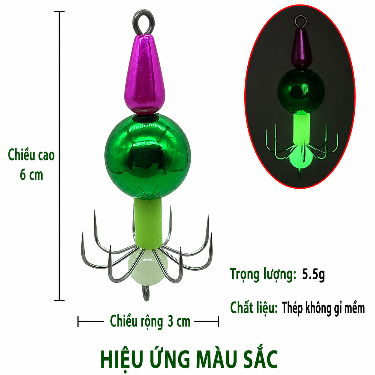 Mồi Giả Câu Mực Phát Sáng 6cm 5.5g Lưỡi Chùm Thép Không Gỉ