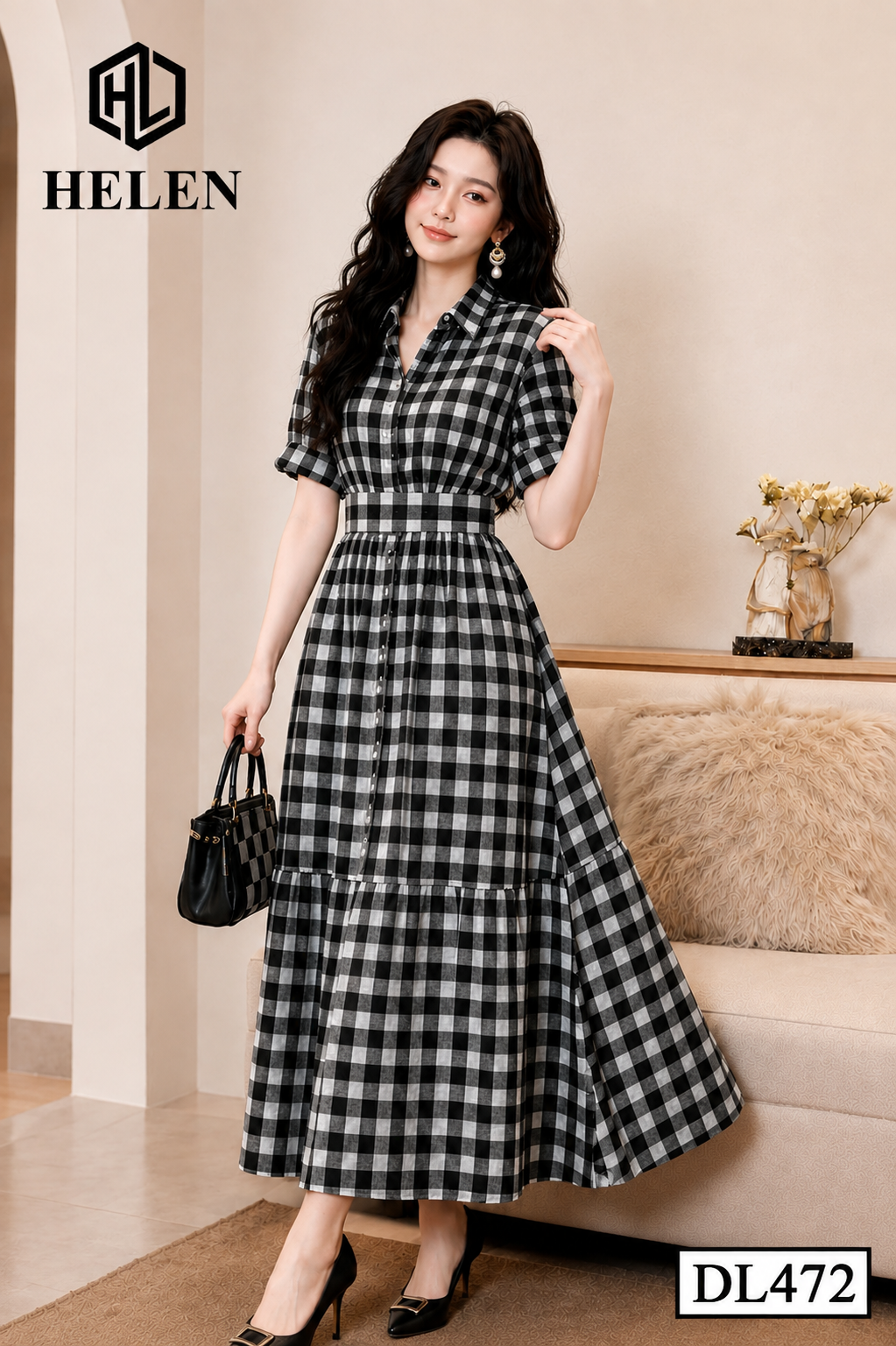 Đầm xòe kẻ ô đen trắng cổ đức DL472_thumbnail_2