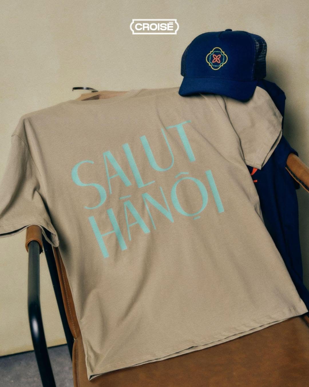 Áo Thun CROISÉ SALUT HANOI Màu Ghi Xám In Chữ Xanh Mint Dáng Rộng Unisex Tối Giản Vintage Nam Nữ_thumbnail_5