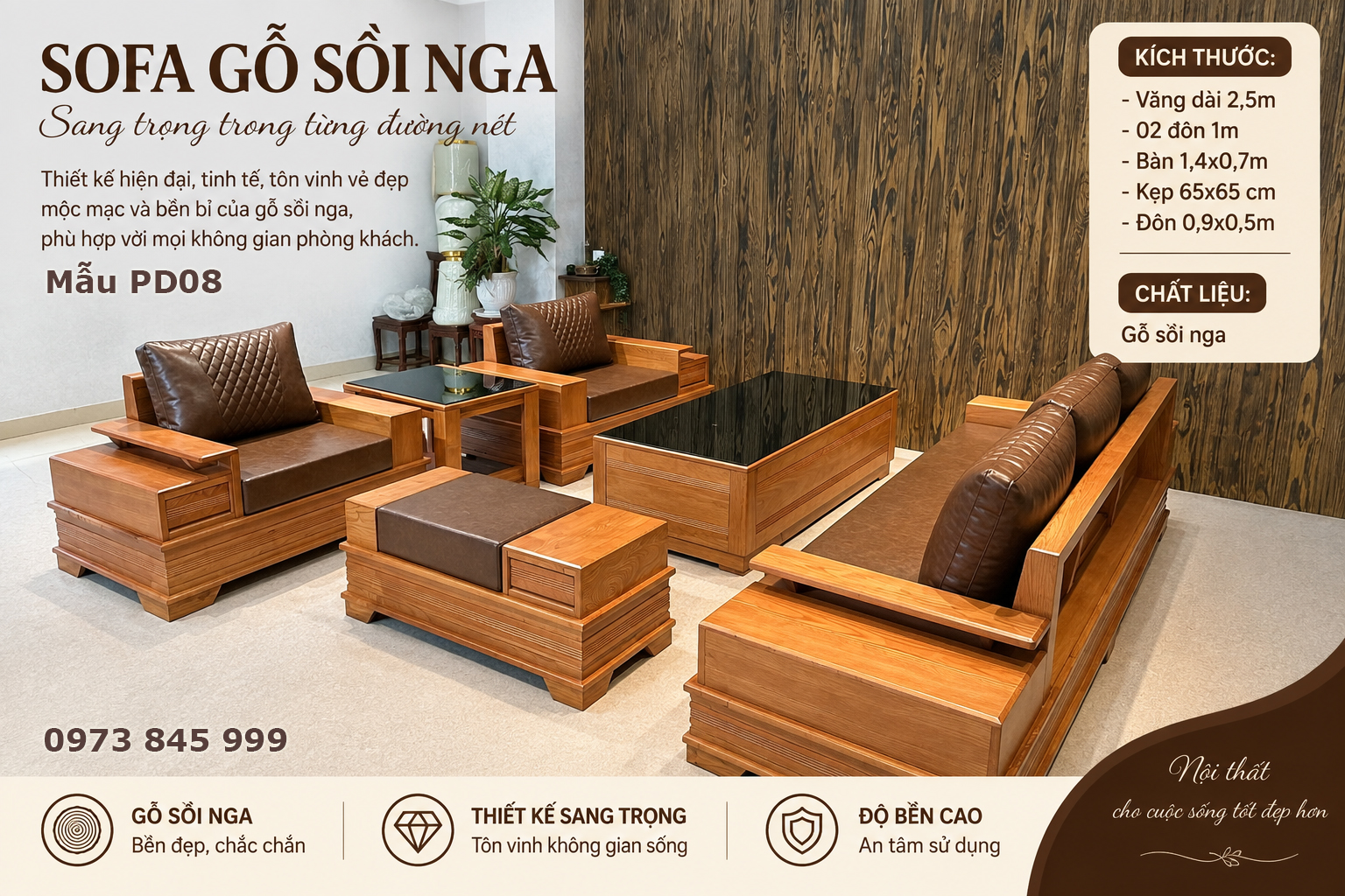 Sofa đố chân pháo màu vàng tự nhiên, đệm màu nâu