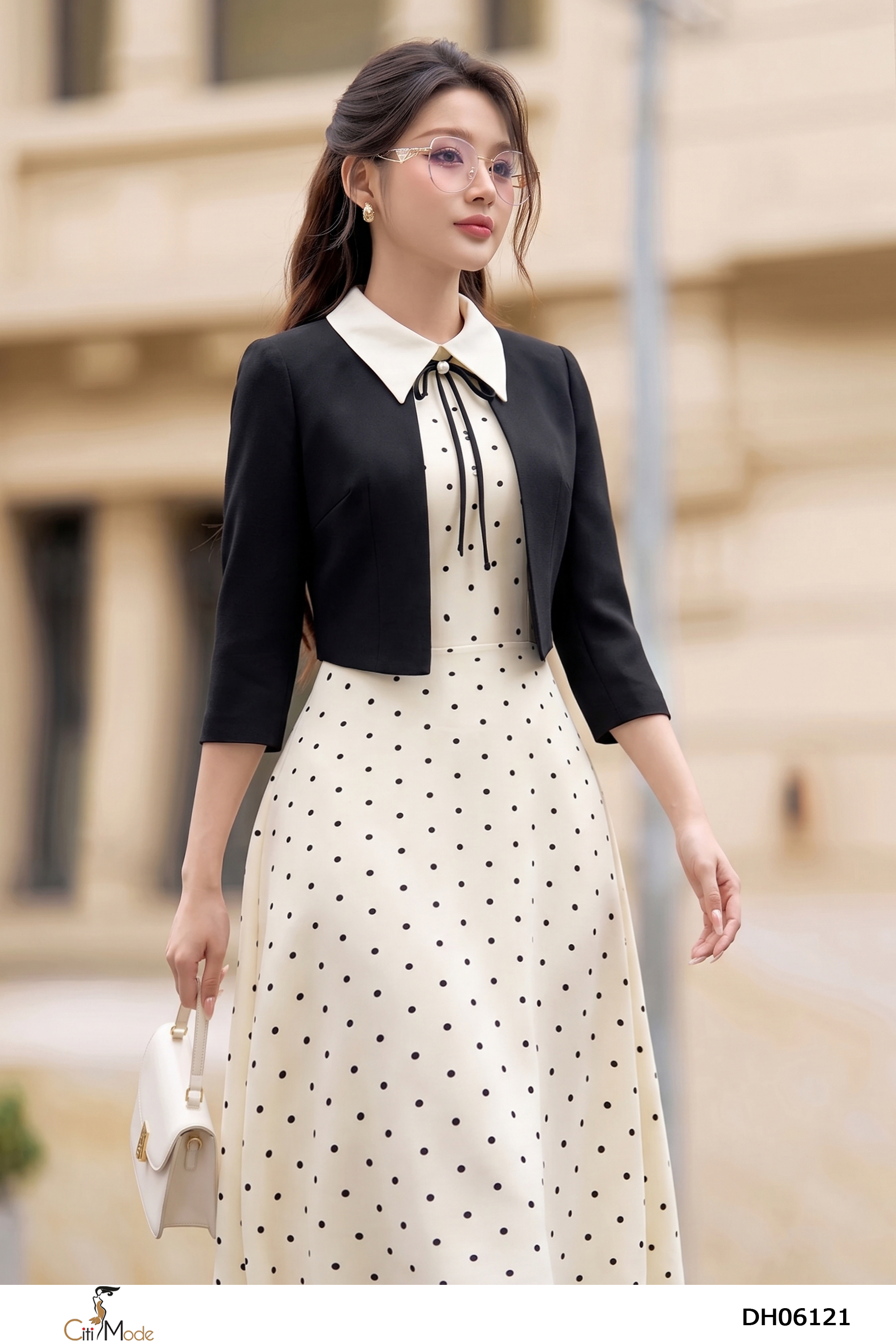 Đầm xòe chấm bi phối đen giả set cổ cách điệu tay lỡ_thumbnail_3
