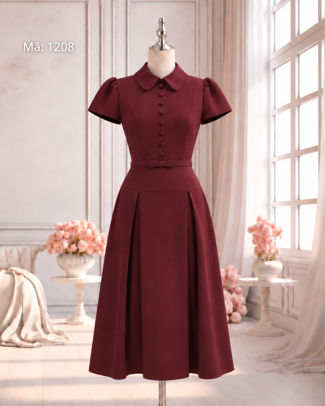Đầm Xoè Cổ Sen Nơ Eo Tay Cộc_thumbnail_0