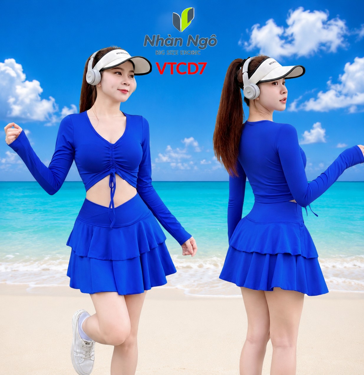 Bộ Đồ Bơi, Đồ Tập Aerobic Nữ - Áo Croptop Dài Tay Rút Dây Ngực Kèm Chân Váy Tầng Có Quần Bảo Hộ._thumbnail_3