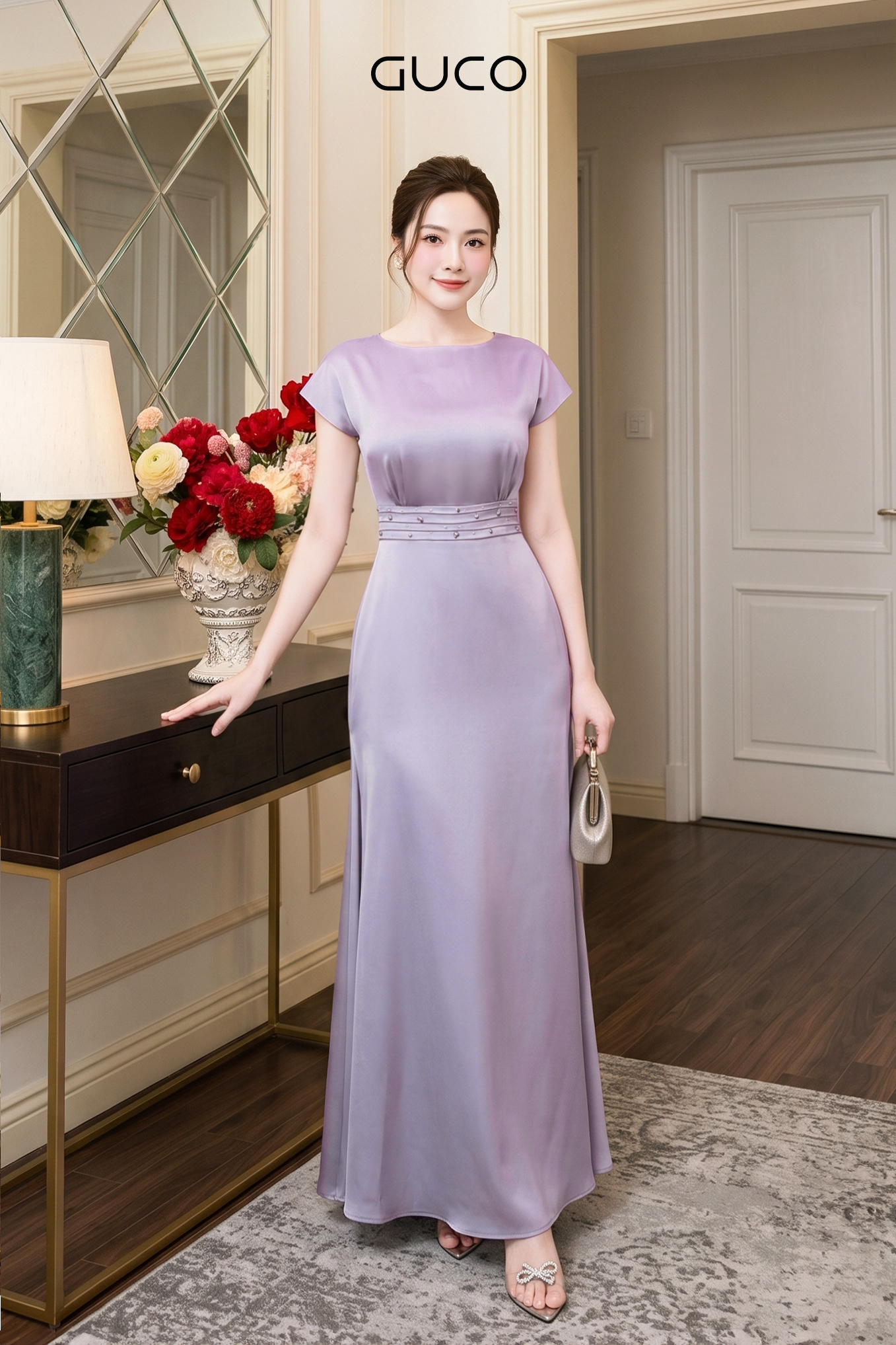 Đầm Dạ Hội Xám Xếp Ly Eo Đính Đá