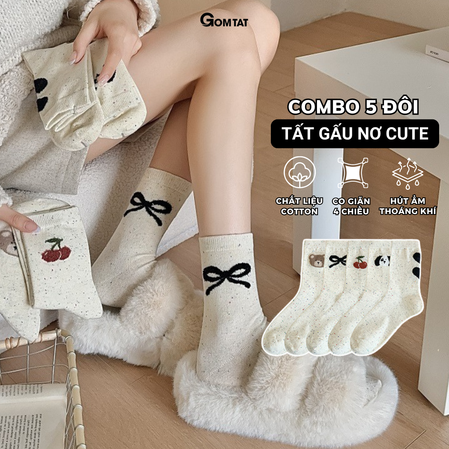 Set 5 đôi tất cao cổ nữ họa tiết gấu nơ cute GOMTAT, vớ chân chất cotton phong cách Hàn Quốc hot trend – JIN-2517-CB5