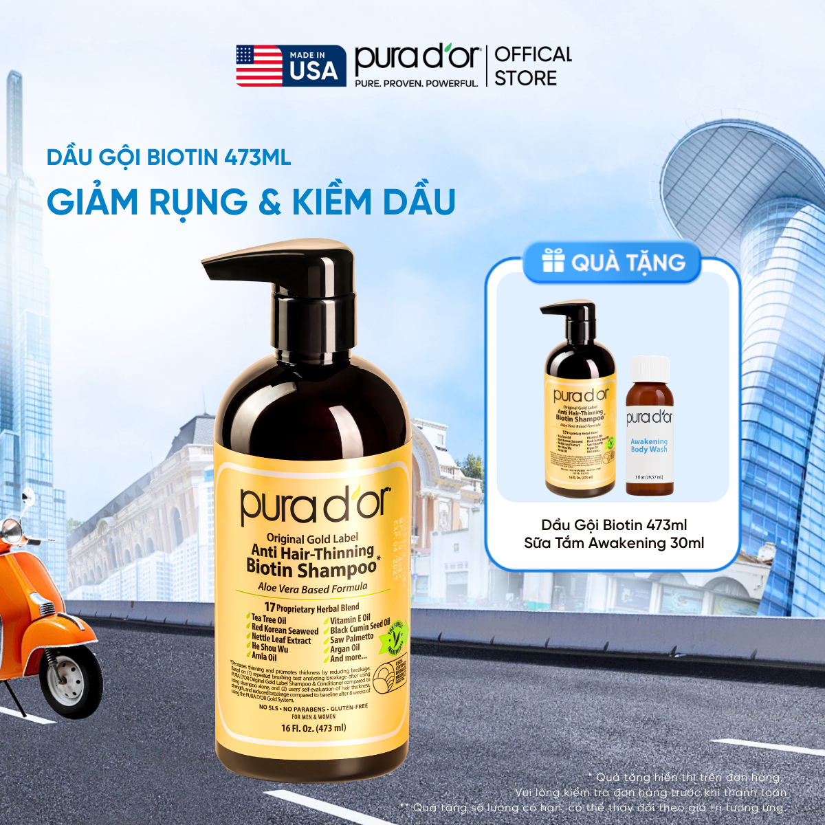 Dầu Gội Biotin Pura D'or Original Gold Label Chăm Sóc Da Đầu, Giảm Rụng Tóc, Hỗ Trợ Mọc Tóc 473ml