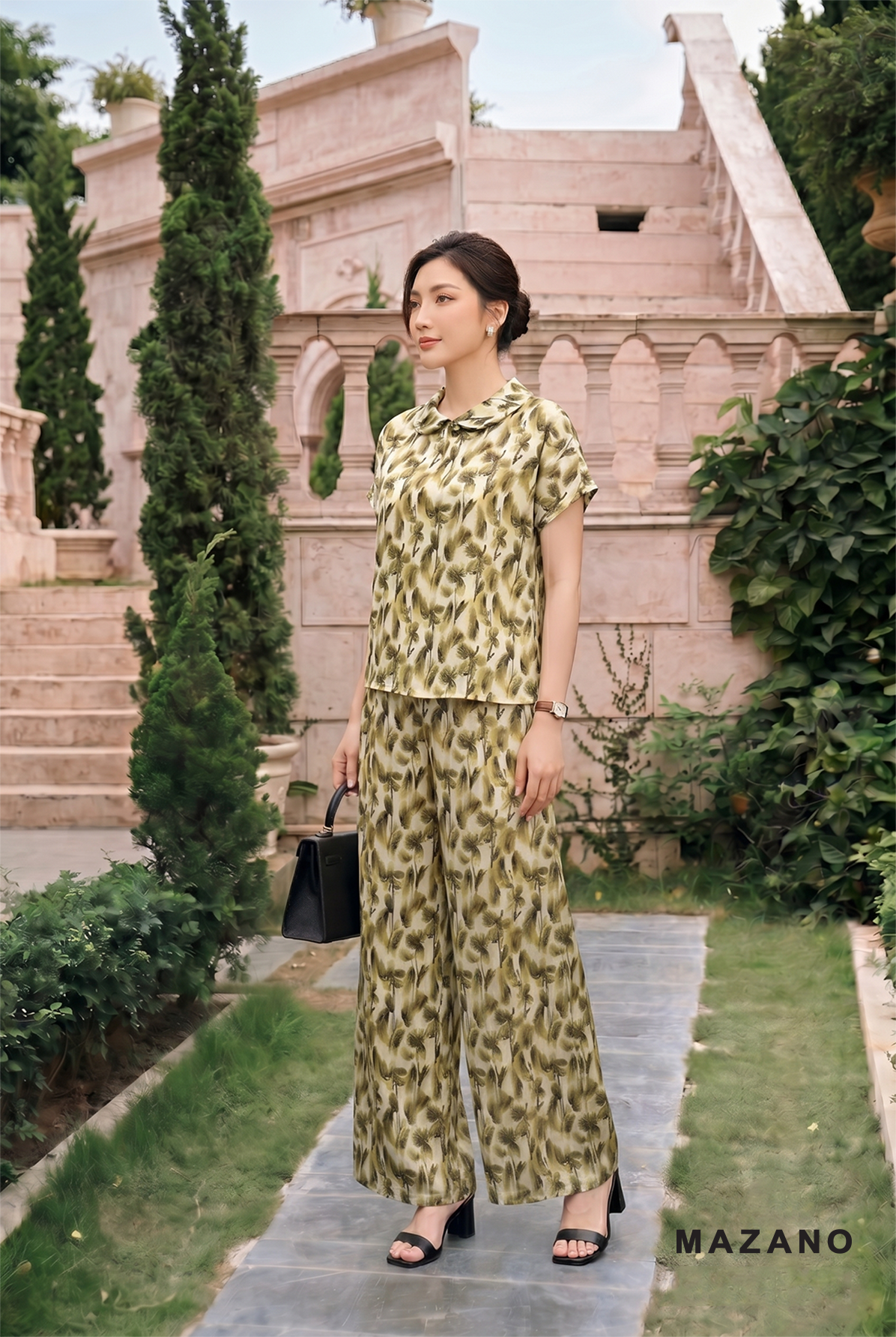 Áo suông cài khuy Vải Thô mỏng Họa Hoa rối  Cổ bẻ cách điệu tay ngắn Dài áo qua eo- Mã AS008CHHA