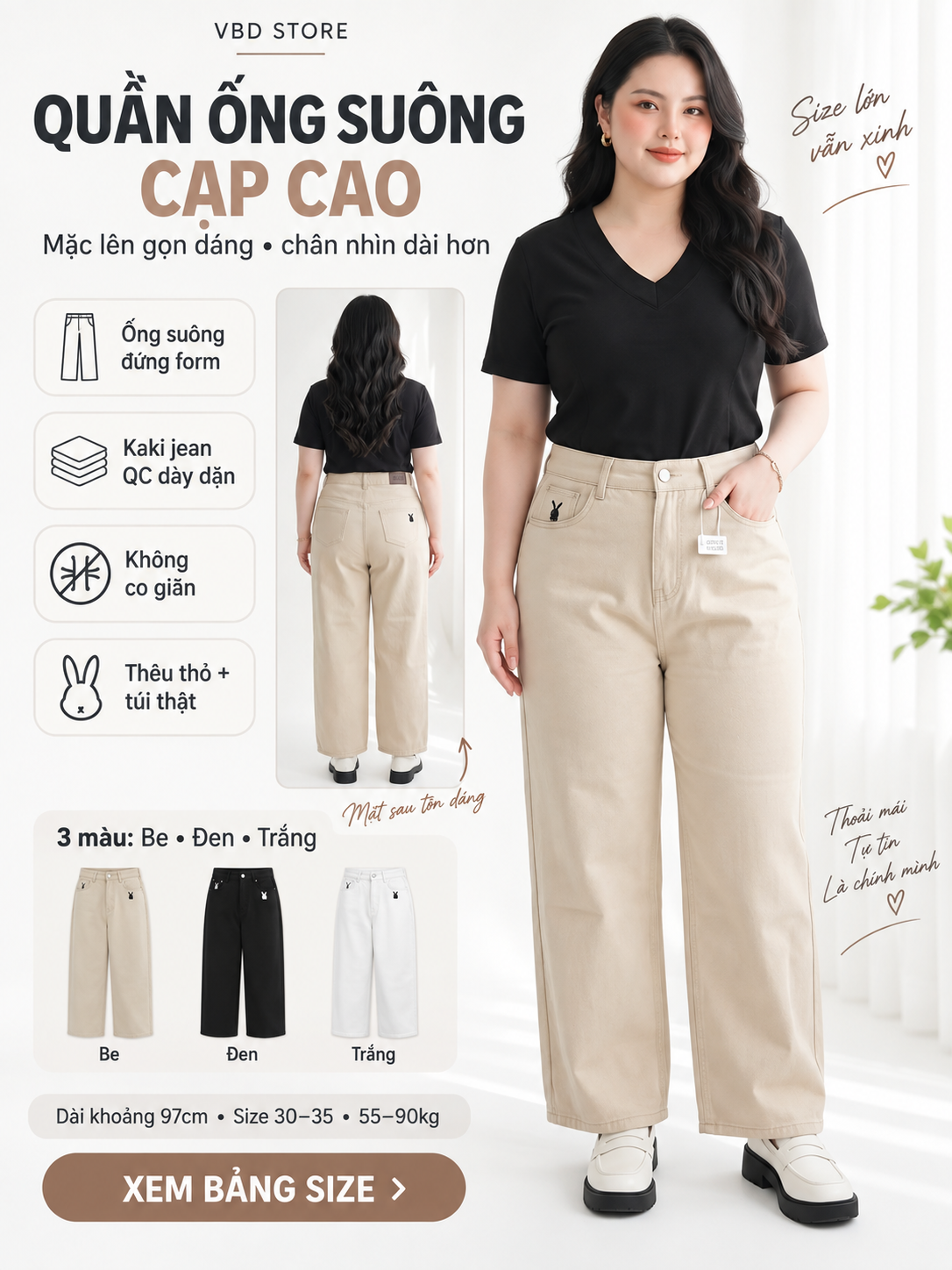 Quần jean ống suông bigsize T-QJ5045 màu đen với cận kaki jean QC, sớ vải và chi tiết thêu thỏ