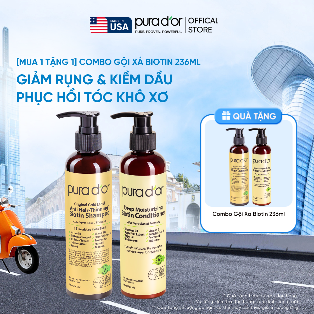 Combo Gội - Xả Biotin Pura D'or Original Gold Label & Deep Moisturizing Chăm Sóc Da Đầu, Dưỡng Ẩm Chuyên Sâu 236ml