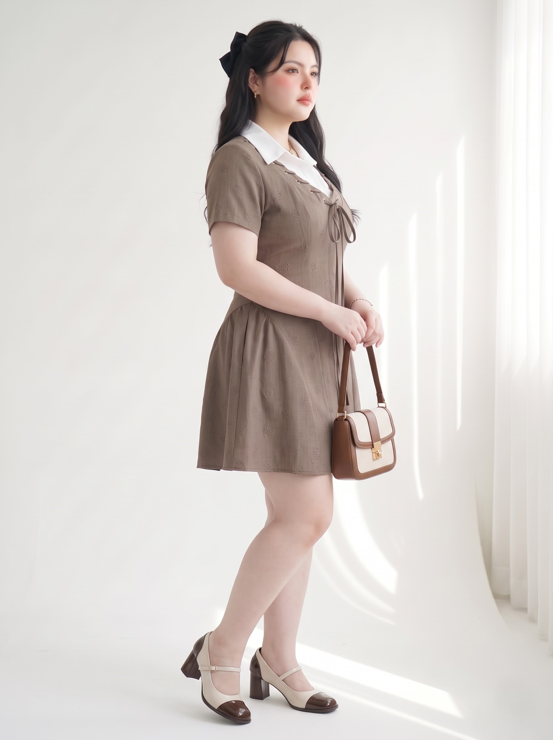 Đầm cổ sơ mi dáng A phồng Bigsize che bụng nhẹ - Nâu - Vừa 55-95kg - DA153_thumbnail_3