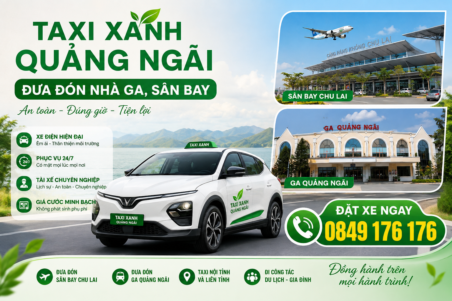 Taxi Xanh Quảng Ngãi Đưa Đón Nhà Ga, Sân Bay An Toàn 24/7